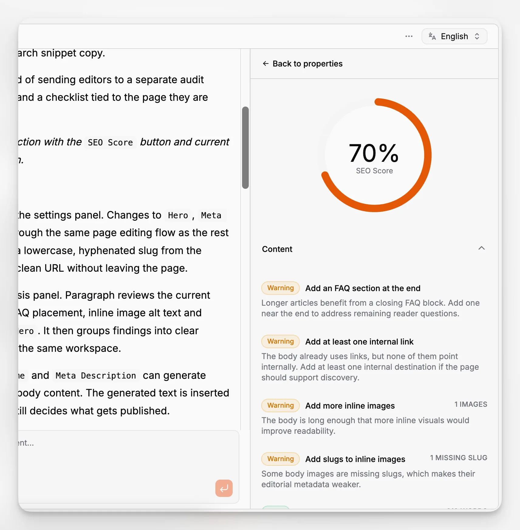 SEO Score insights panel with the radial score chart and findings grouped into Content, Title, and Meta sections.