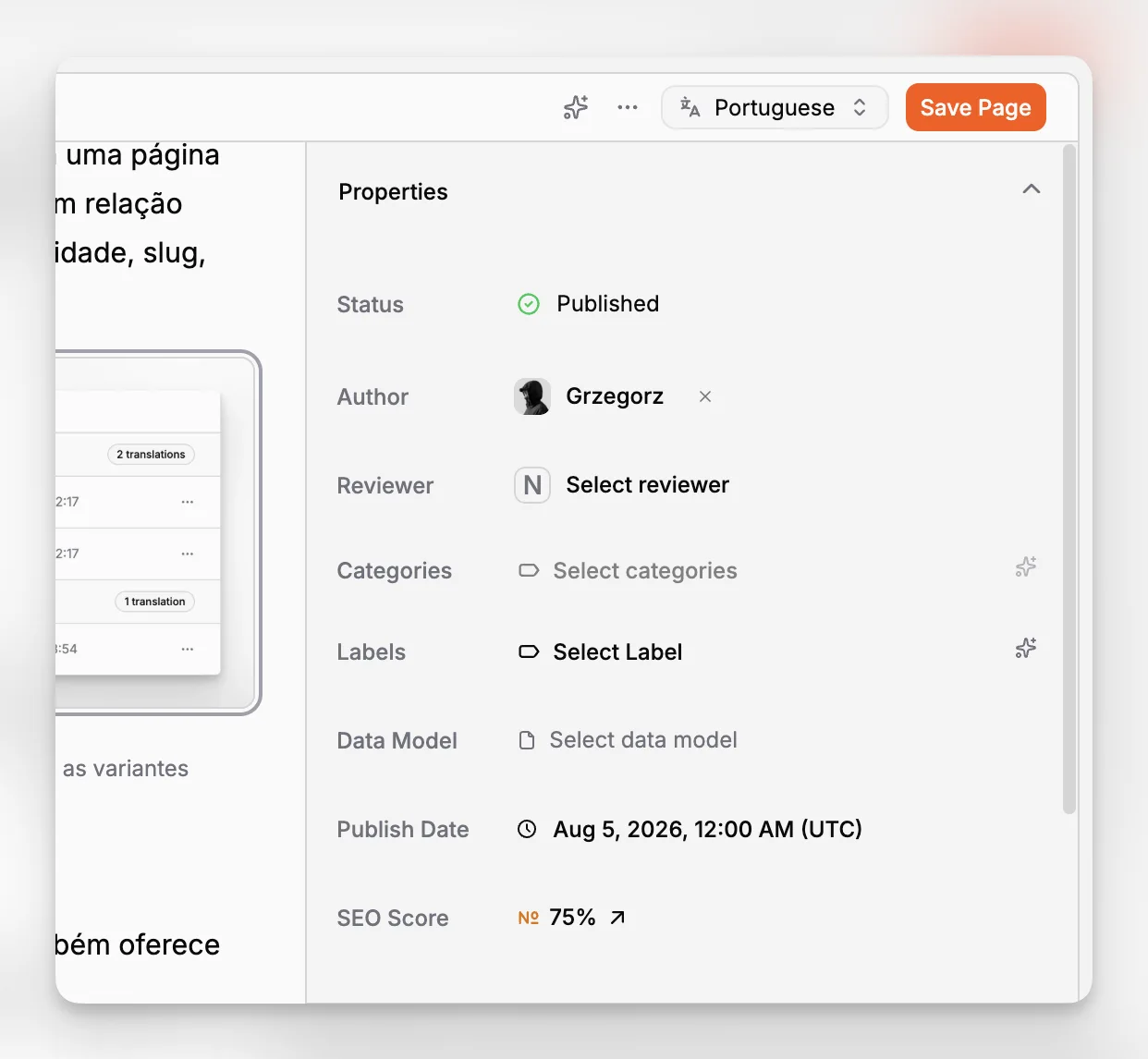 Una schermata di gestione delle pagine che mostra slug, stato di pubblicazione e contenuti organizzati