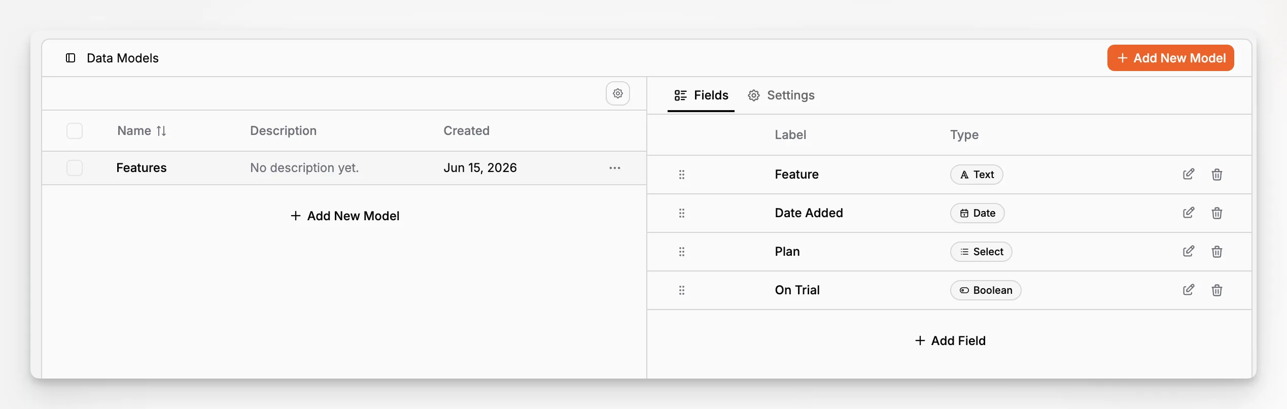 Pantalla de modelos de datos de Paragraph CMS para definir campos de contenido estructurado