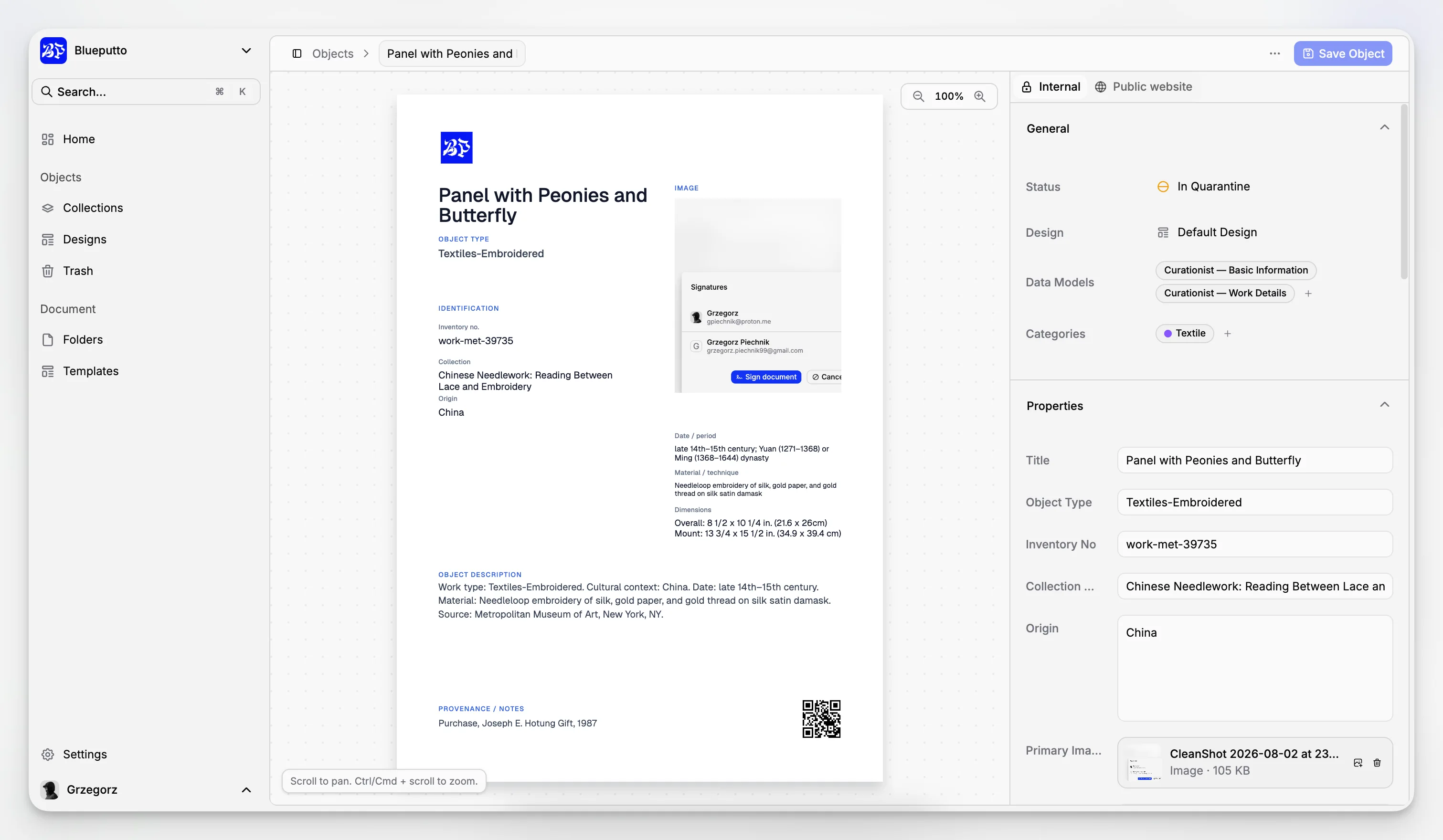 Object record page with grouped metadata sections, statuses, files, and linked documents