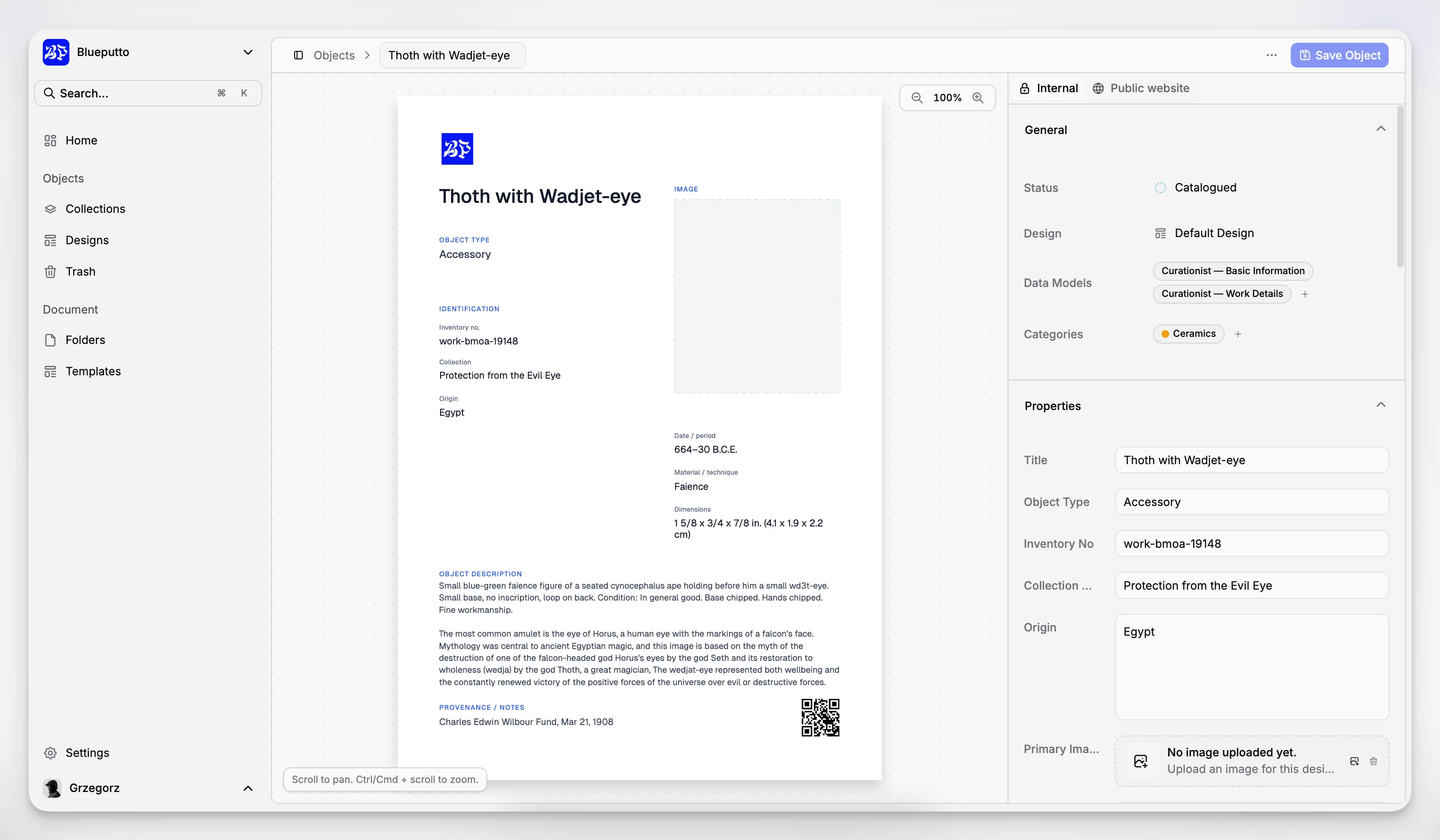 Object record detail screen with structured fields and related documentation for a collections database