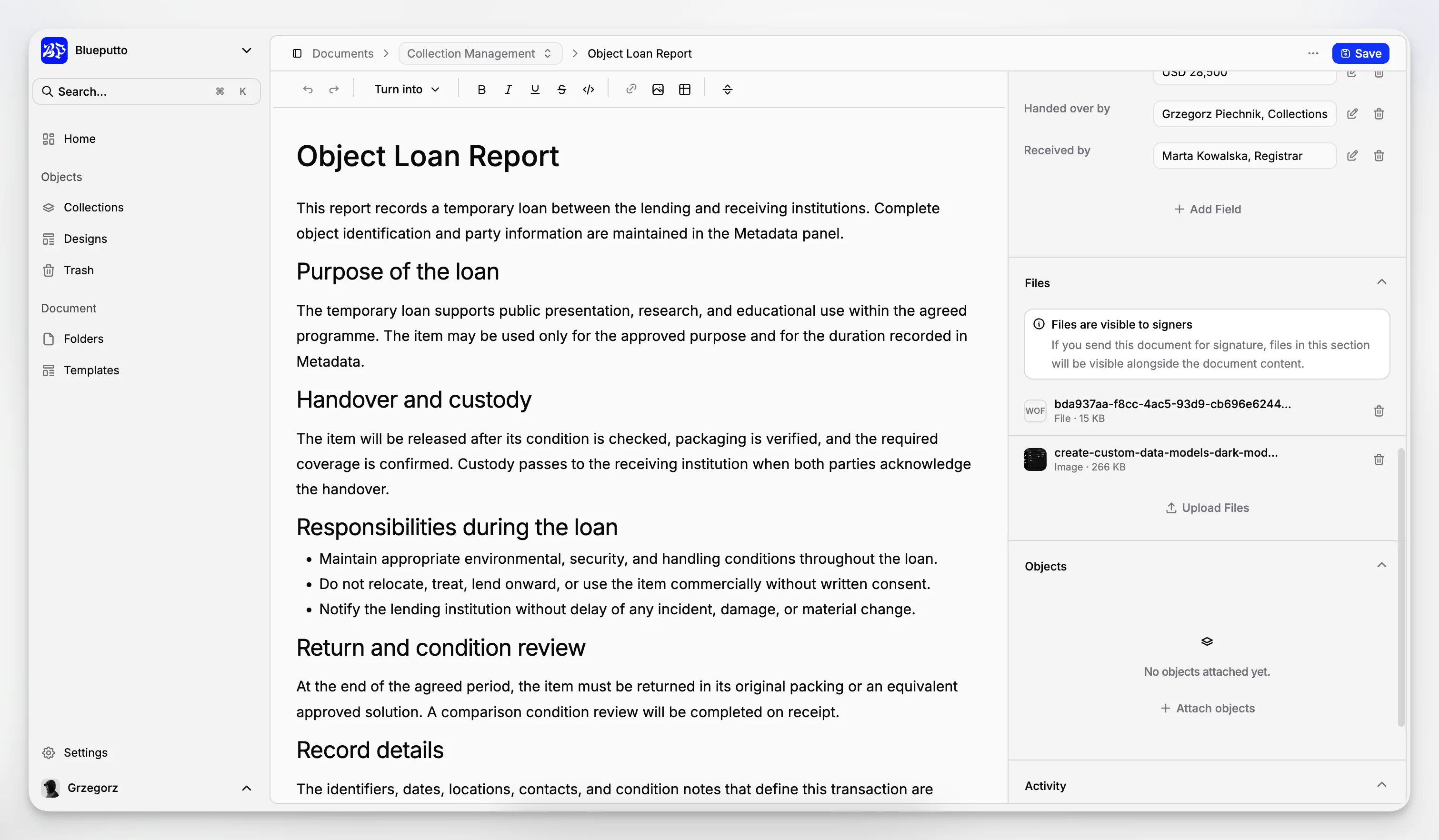 Files attached to a Blueputto document or object.