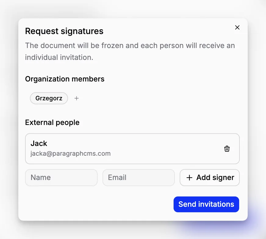 Flujo de trabajo de firmas de documentos de Blueputto que muestra la gestión de firmantes internos y externos