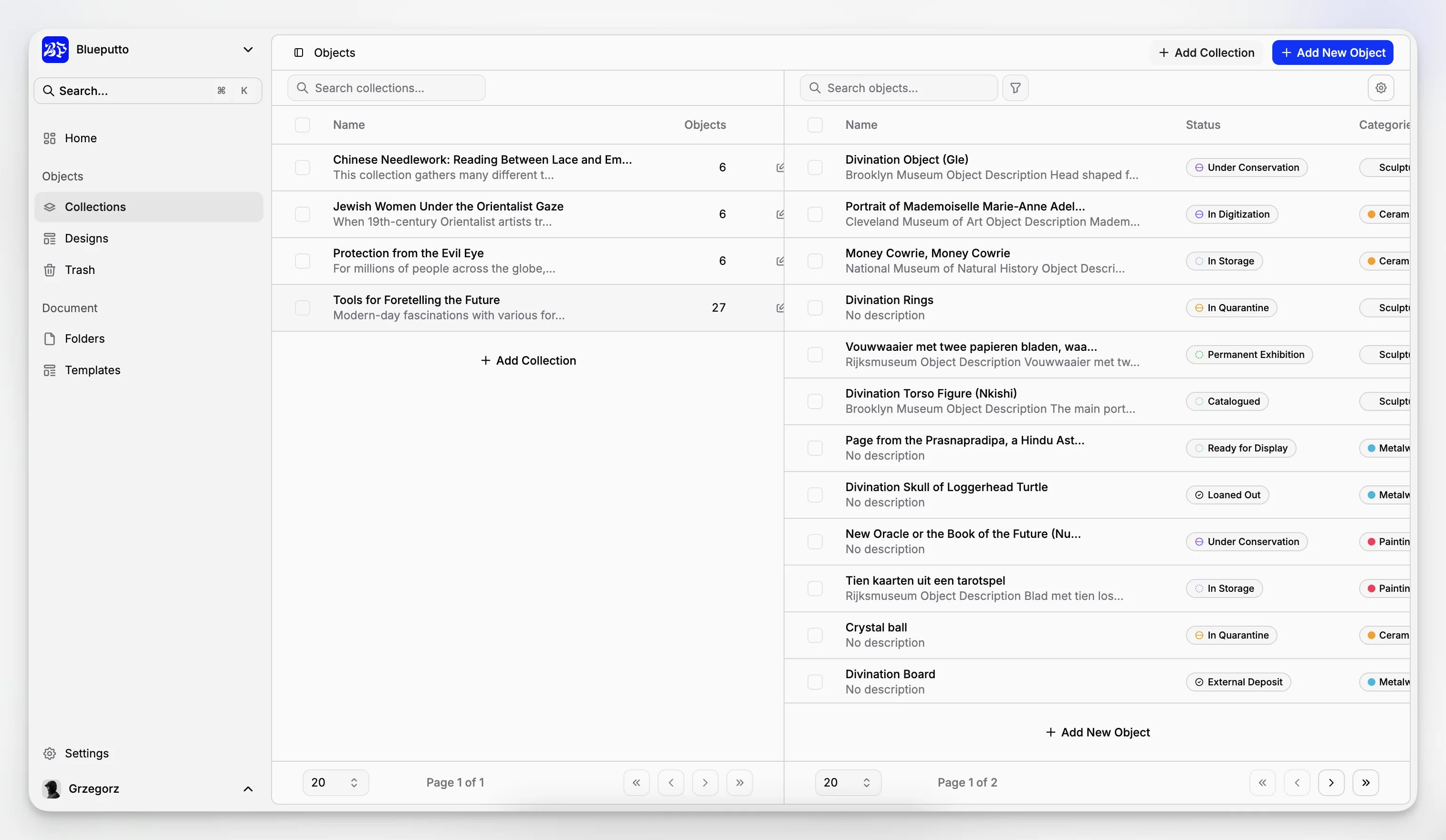 Collections browser organizing groups of records for a museum software workflow