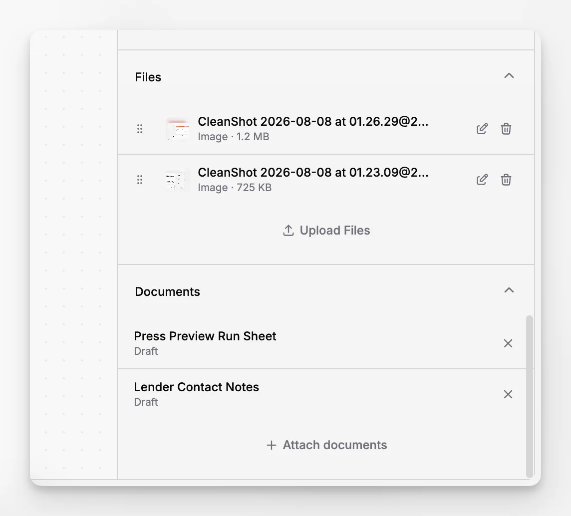 Attached files and supporting documents panel inside a collection record
