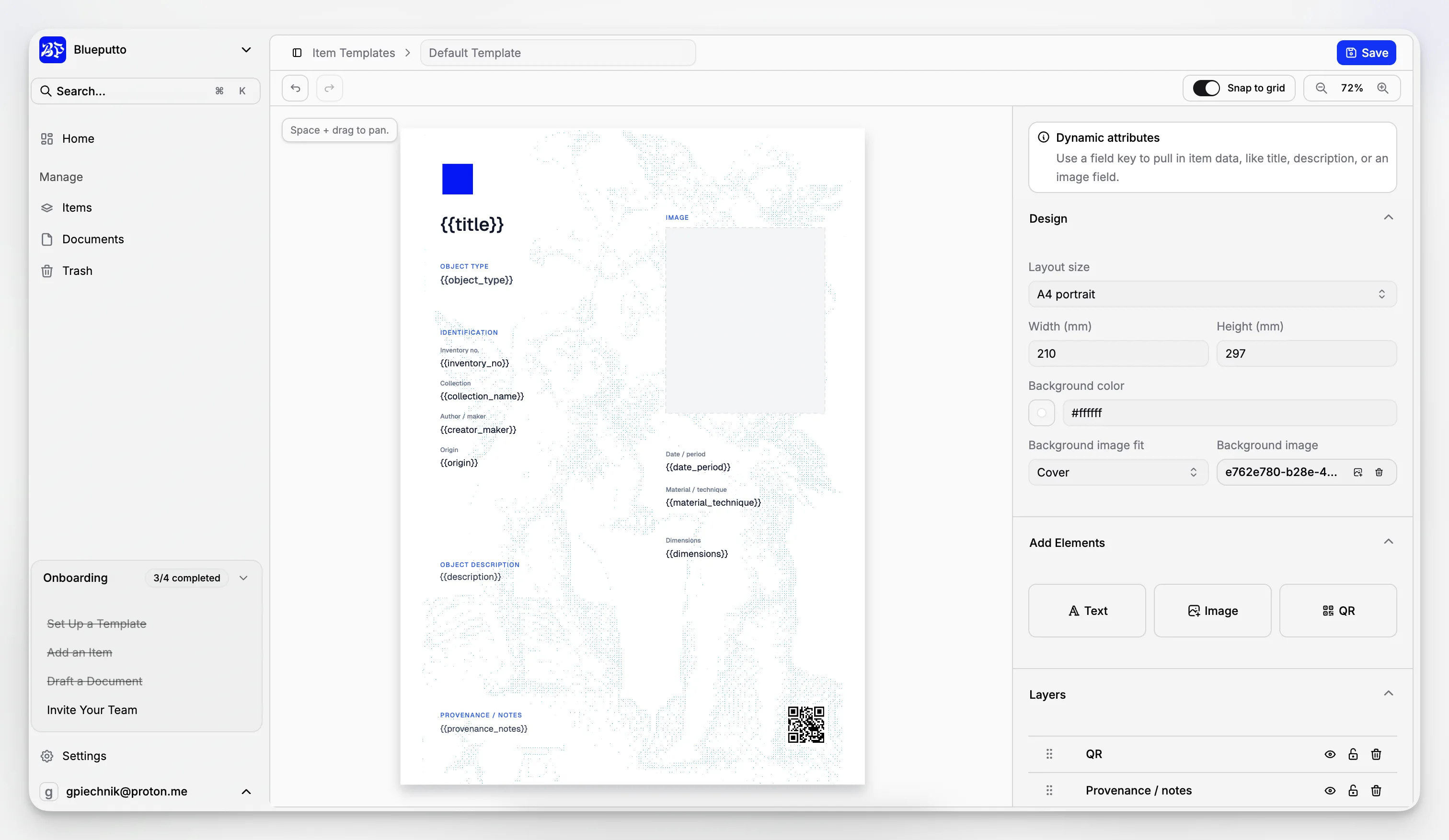 Blueputto Elementvorlagen-Editor mit einem canvasbasierten Layout-Builder mit Ebenen und Design-Steuerelementen.