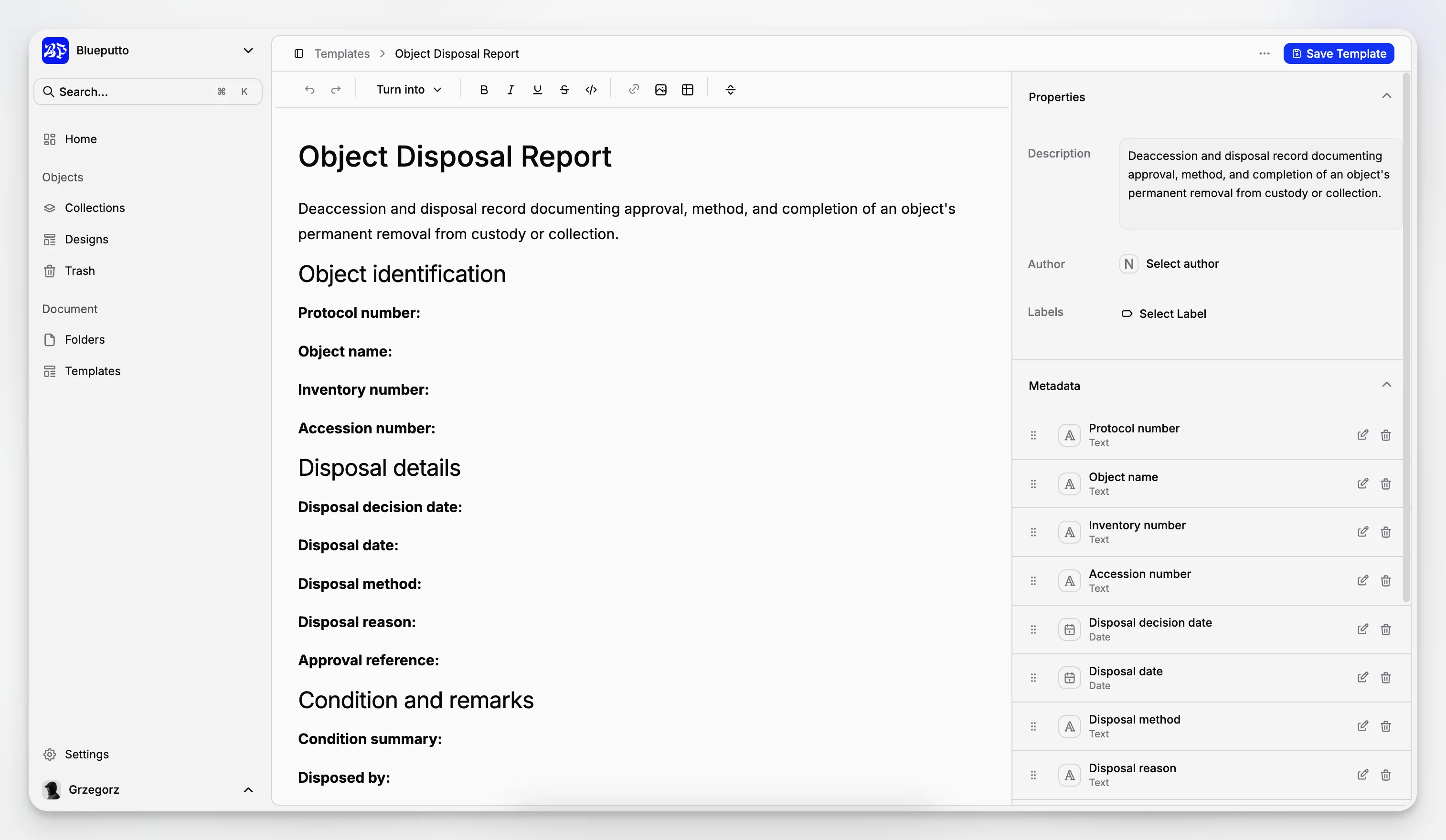 Sélecteur de modèles répertoriant des formulaires récurrents tels que rapport d’état, fiche d’acquisition, rapport de conservation, fiche de catalogage d’objet et contrat de prêt