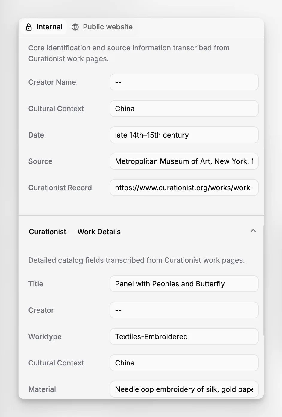 Blueputto cataloging interface showing structured museum metadata fields