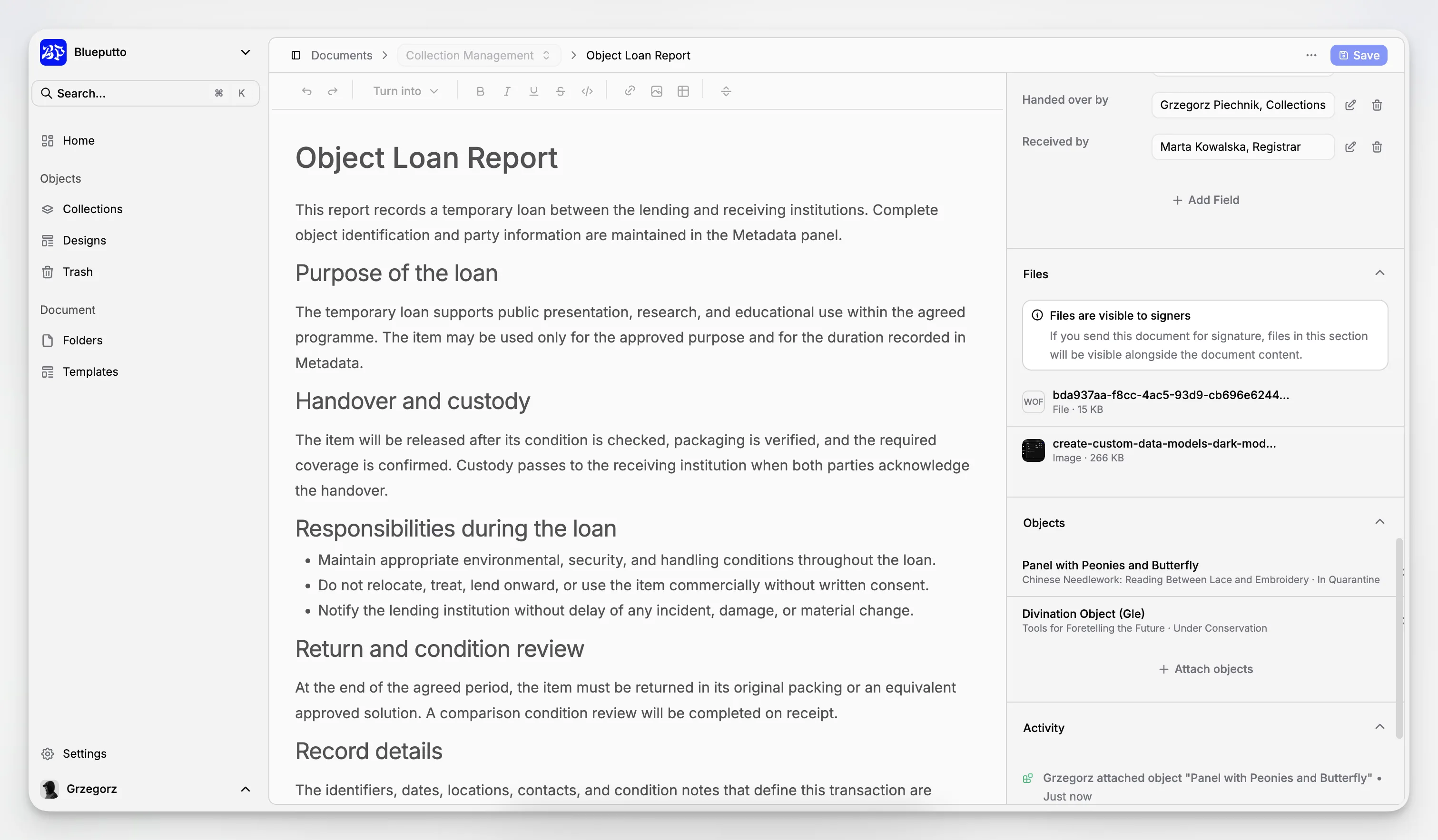 Archiefdocumentrecord met bijgevoegde bestanden, metadata en gerelateerde collectiecontext