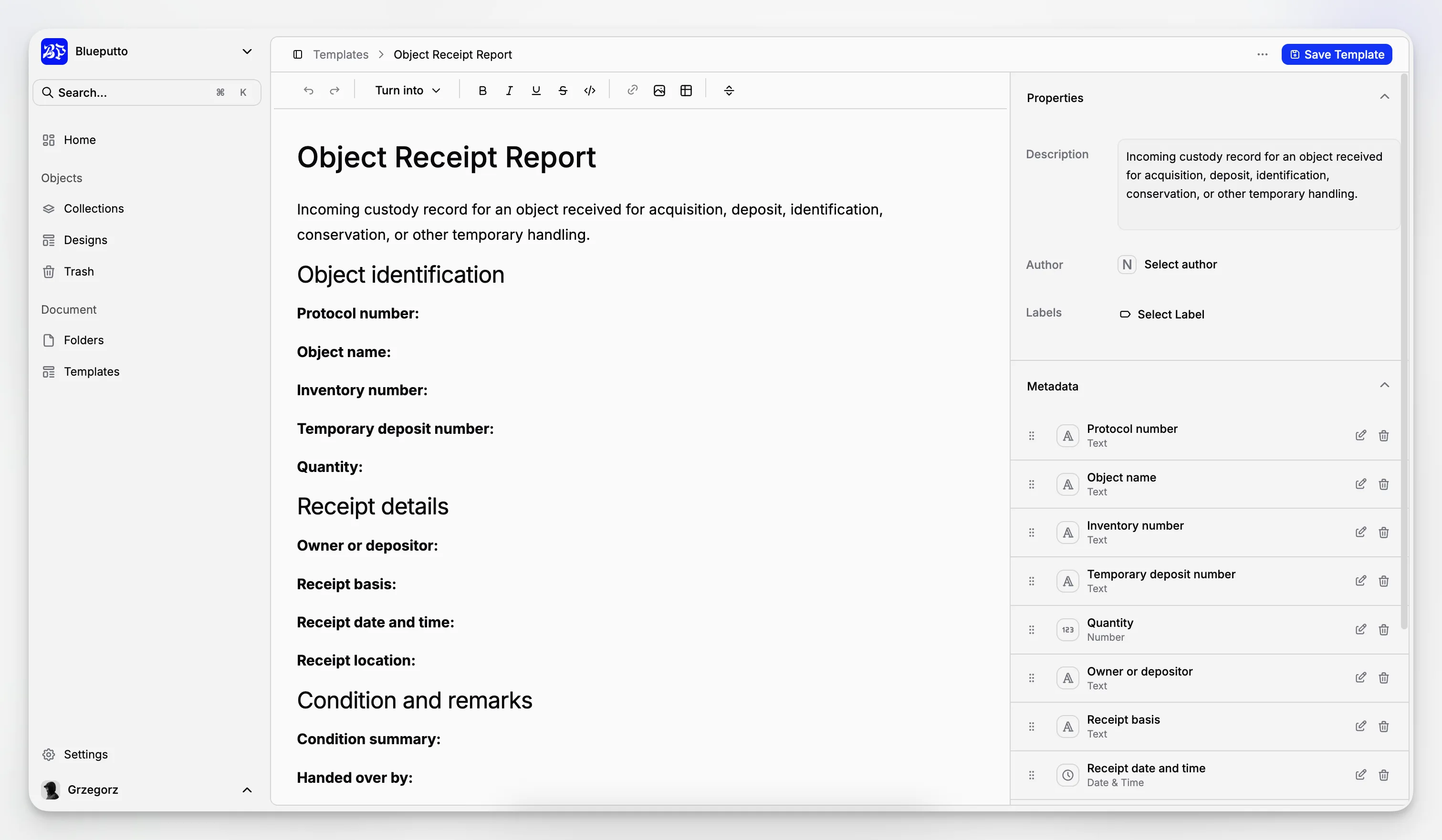 Editor di modelli Blueputto con contenuto del documento e valori predefiniti riutilizzabili.