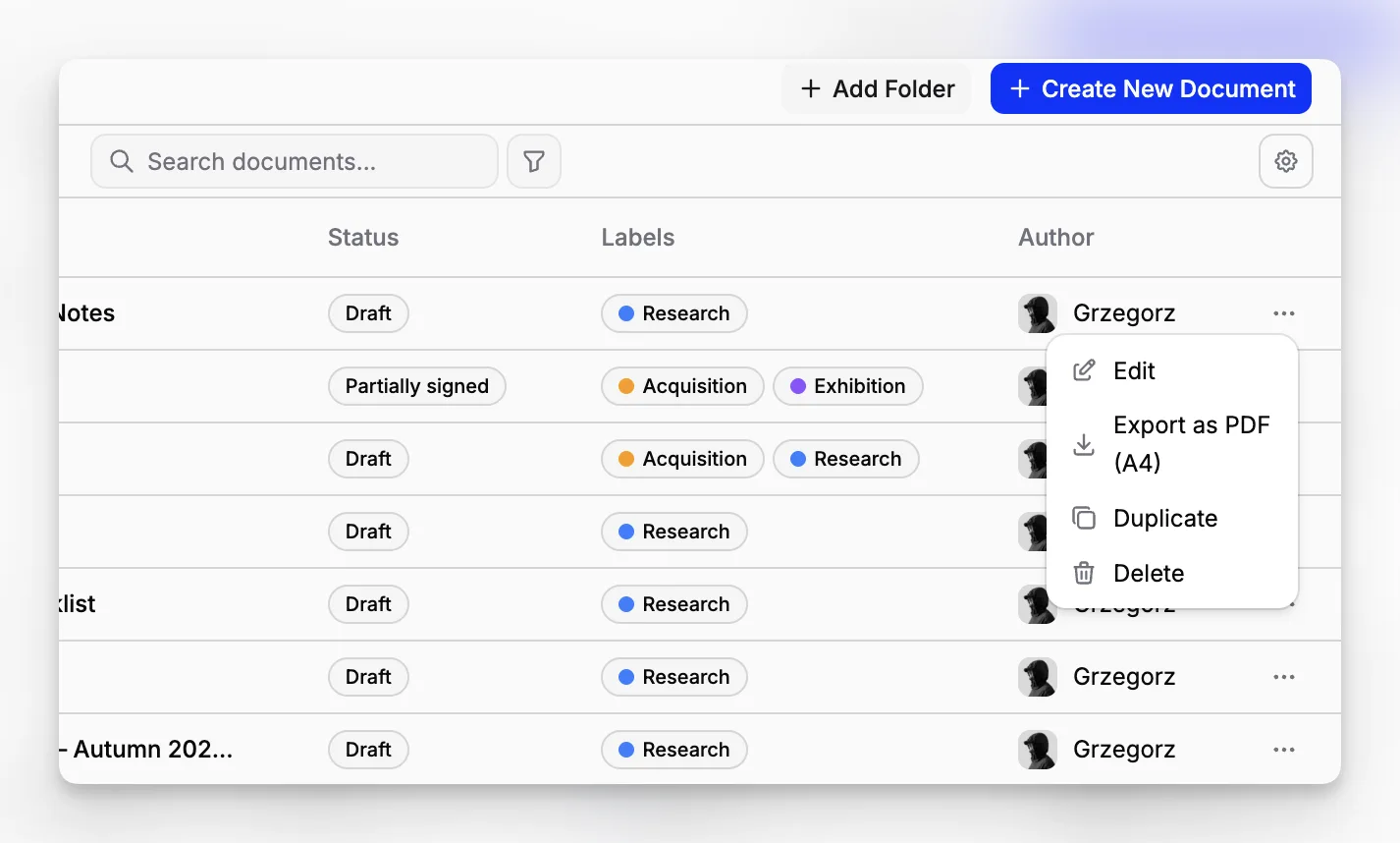 Menu de ações do documento com opções para editar, exportar como PDF, duplicar e excluir o documento