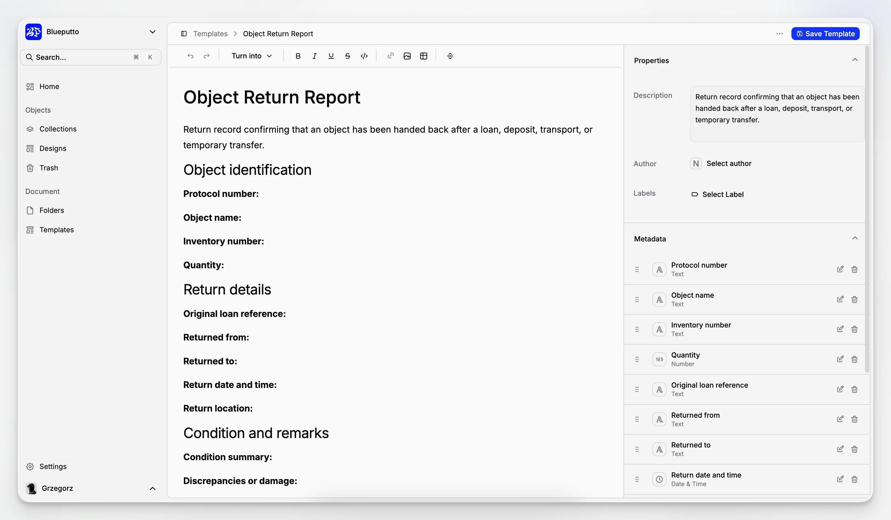 Reusable documentation template for standard museum records and archival forms