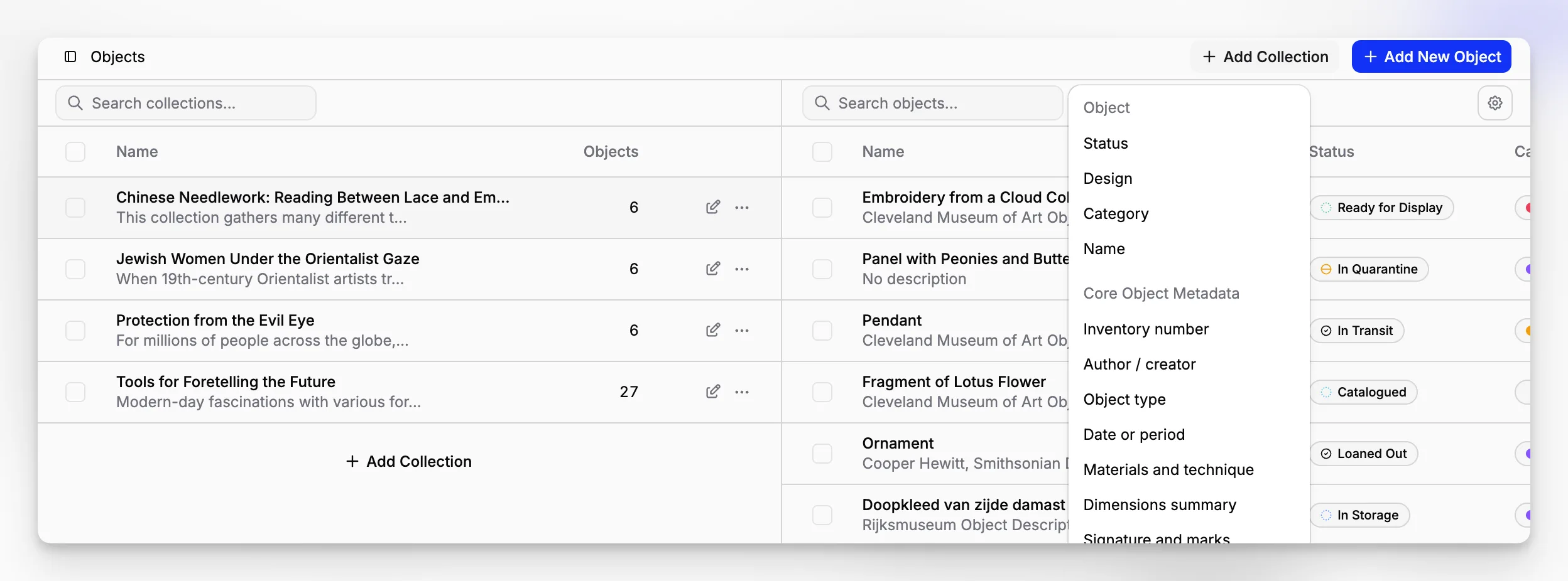 Collections list with grouped records, filters, and organizational structure for a growing museum database