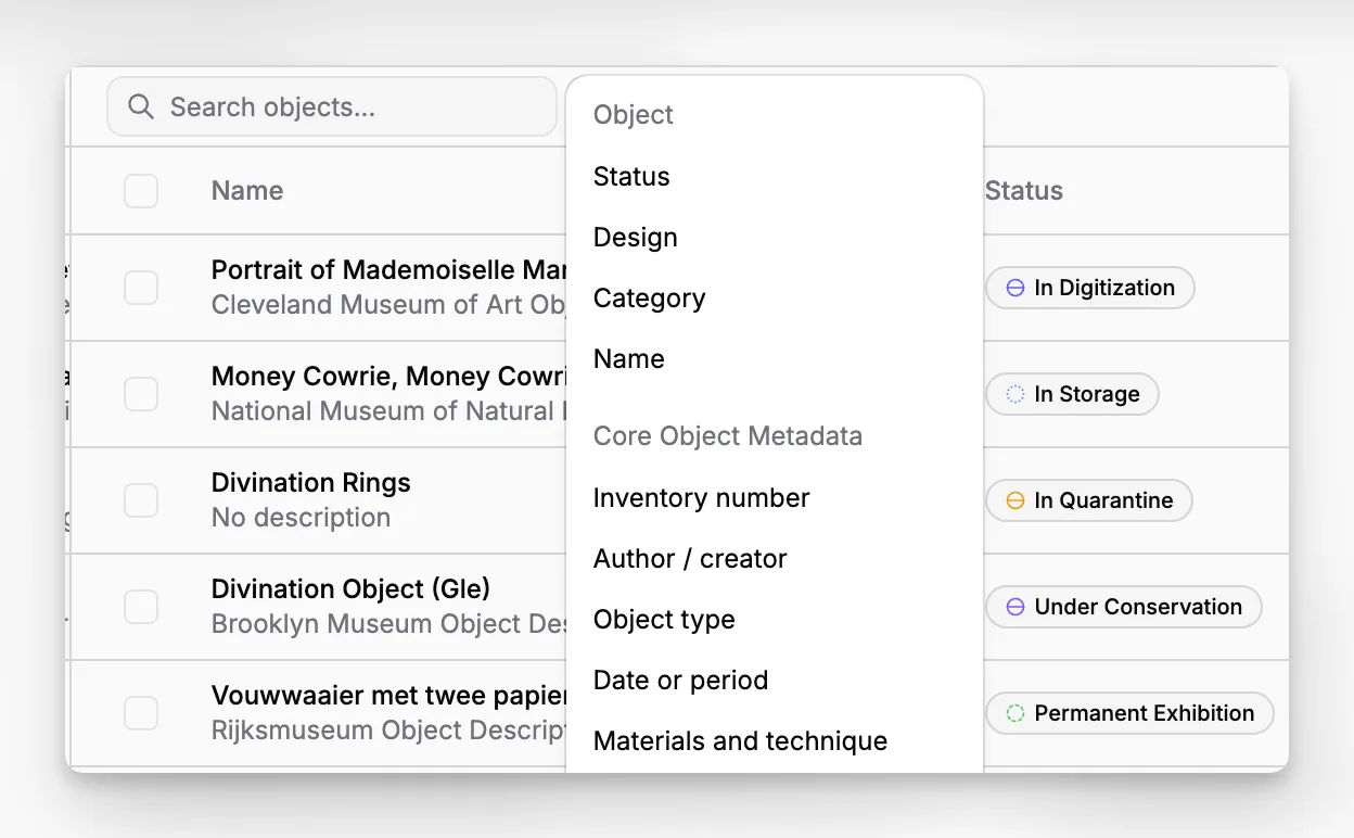 Blueputto-applicatiezoekinterface met filters voor museumrecords en documentatie