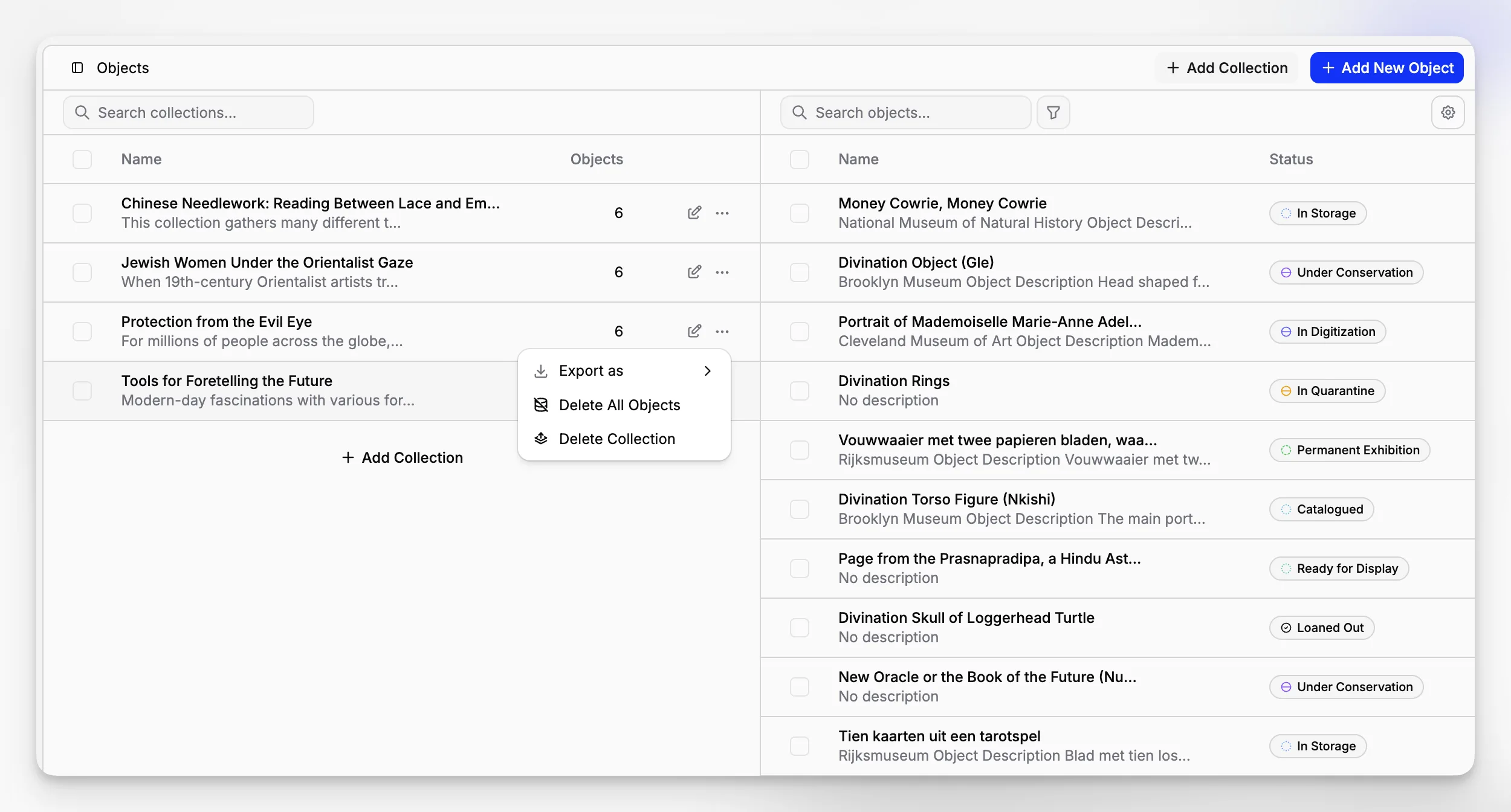 Vue du tableau de bord présentant les collections, l’activité des documents et des résumés des dossiers opérationnels dans un logiciel de gestion muséale
