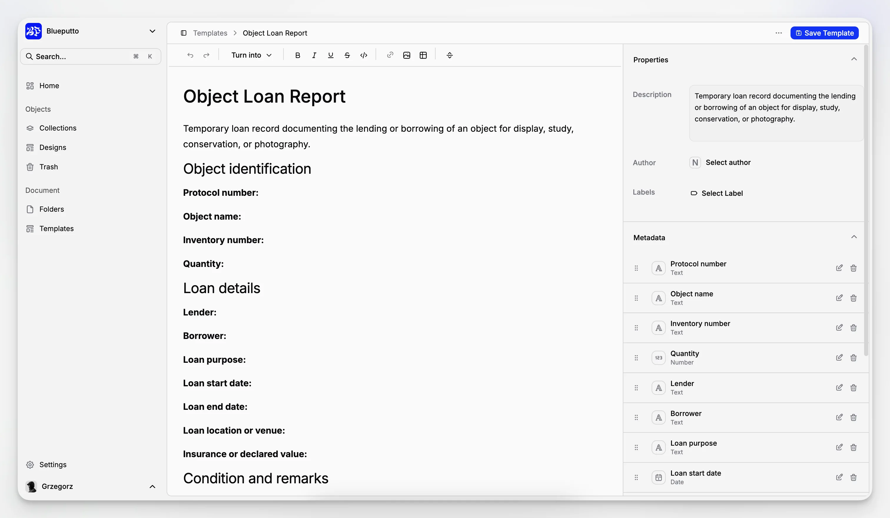 Reusable document template setup for recurring records and museum documentation workflows