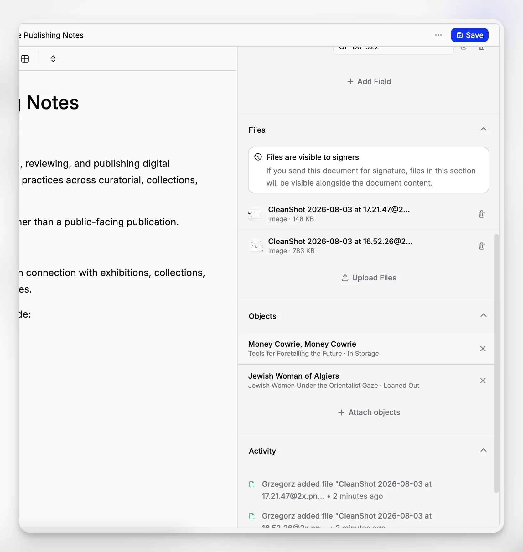 Blueputto object record with linked documents, provenance notes, and media references
