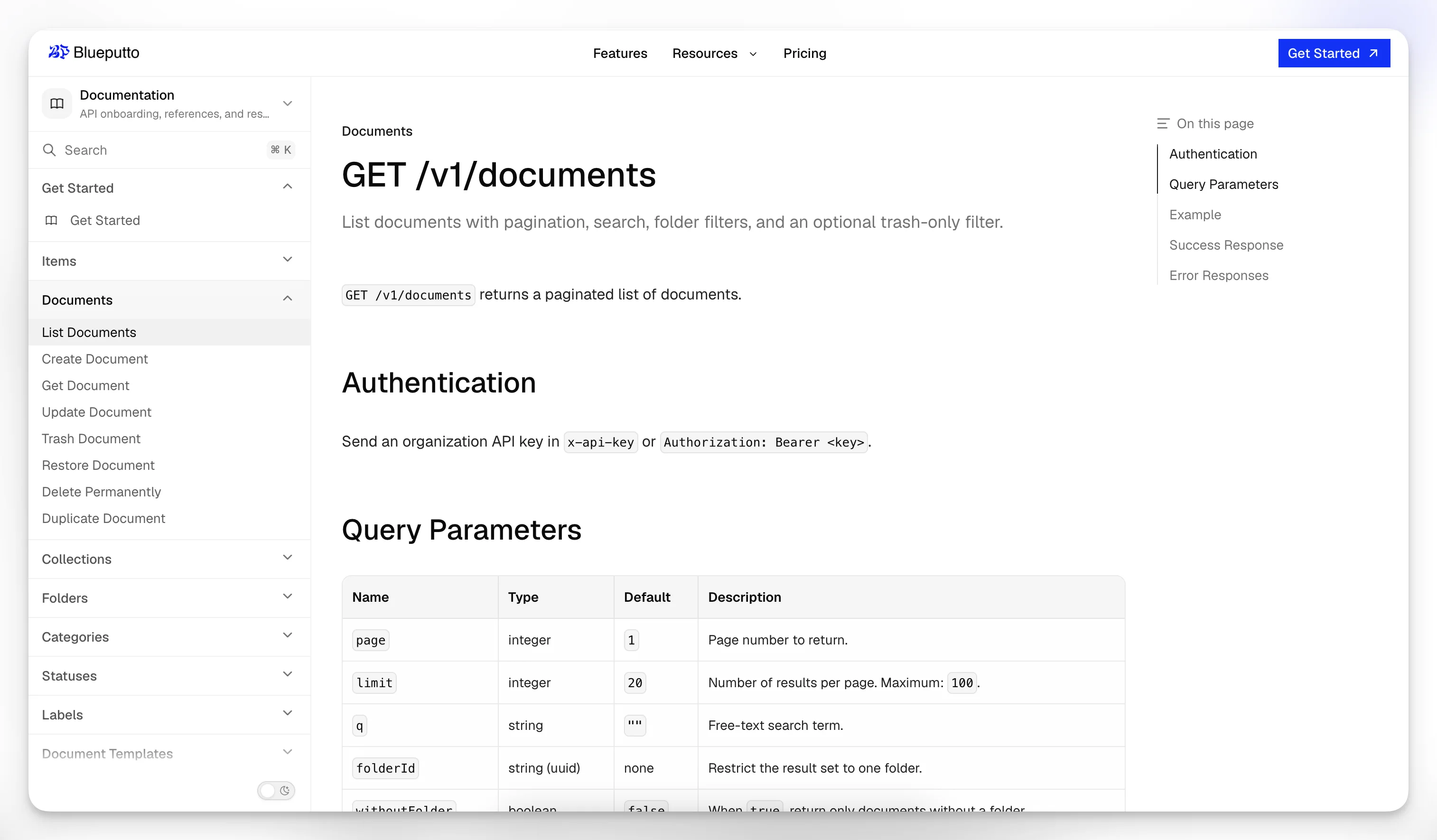 Authenticated Blueputto Public API request showing API key authentication and paginated response envelopes.