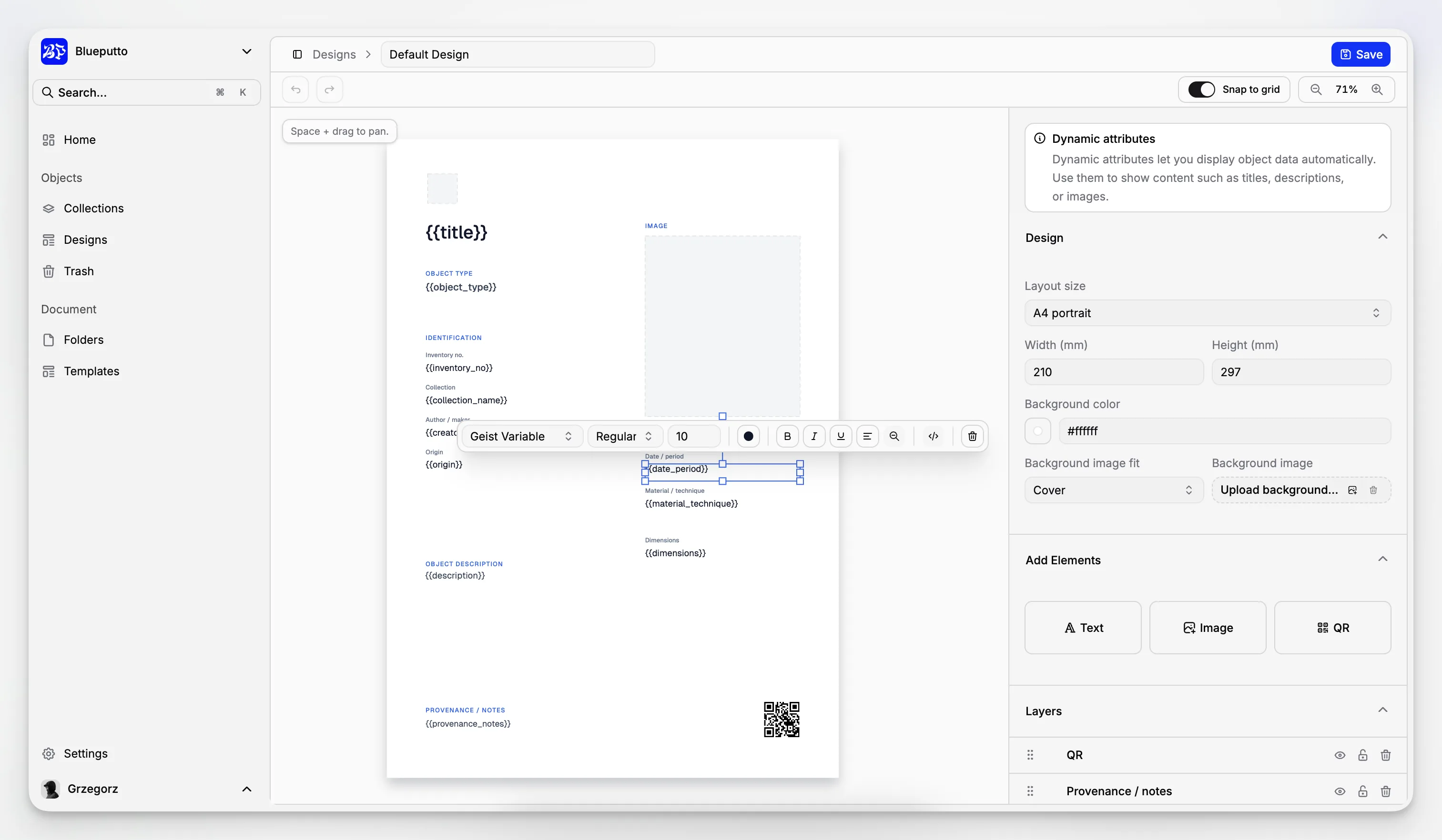 Blueputto Design editor with a visual canvas and organized layers.
