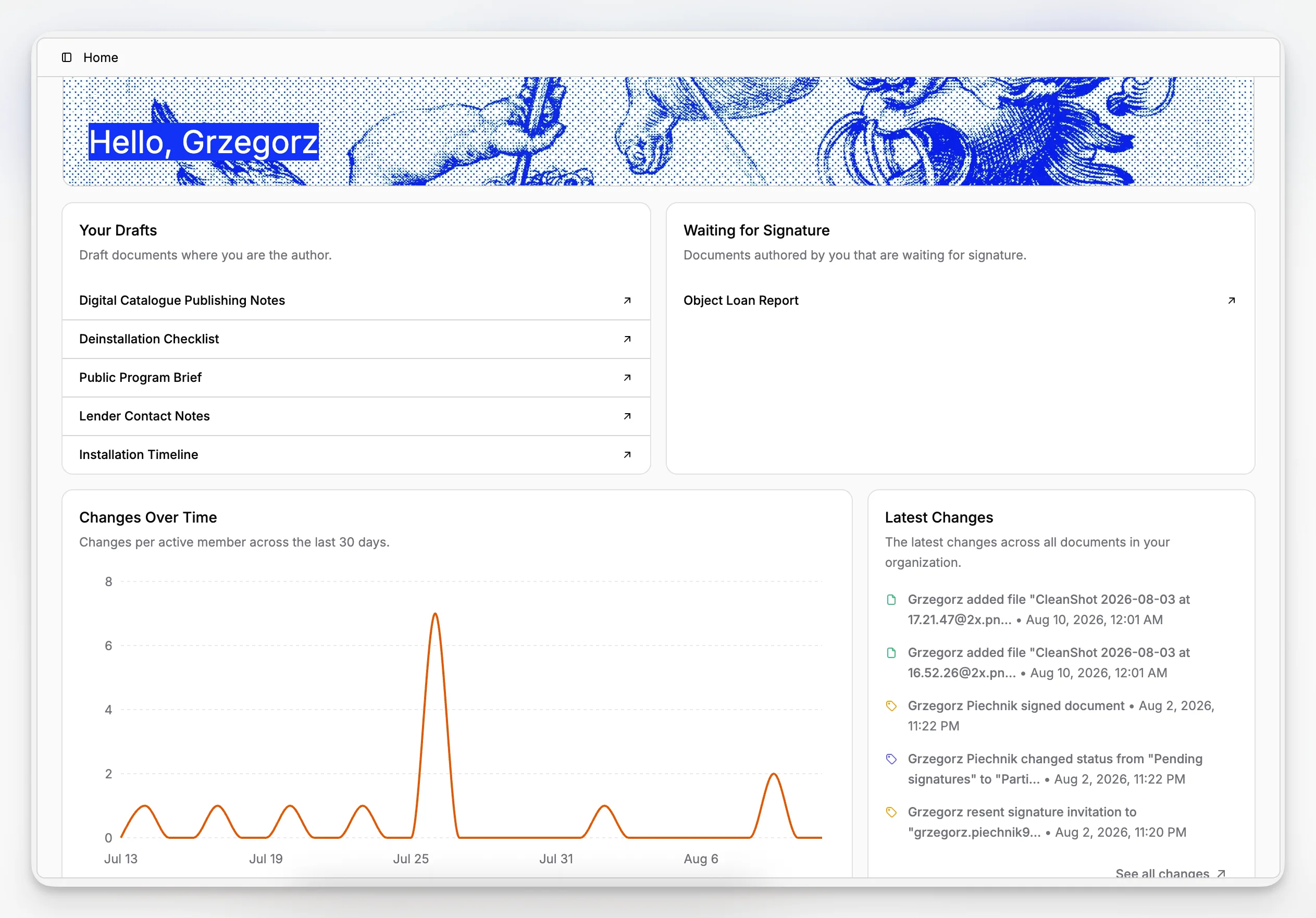 Museumsoftware-dashboard met itemrecords, collectiestructuur en recente documentatieactiviteit