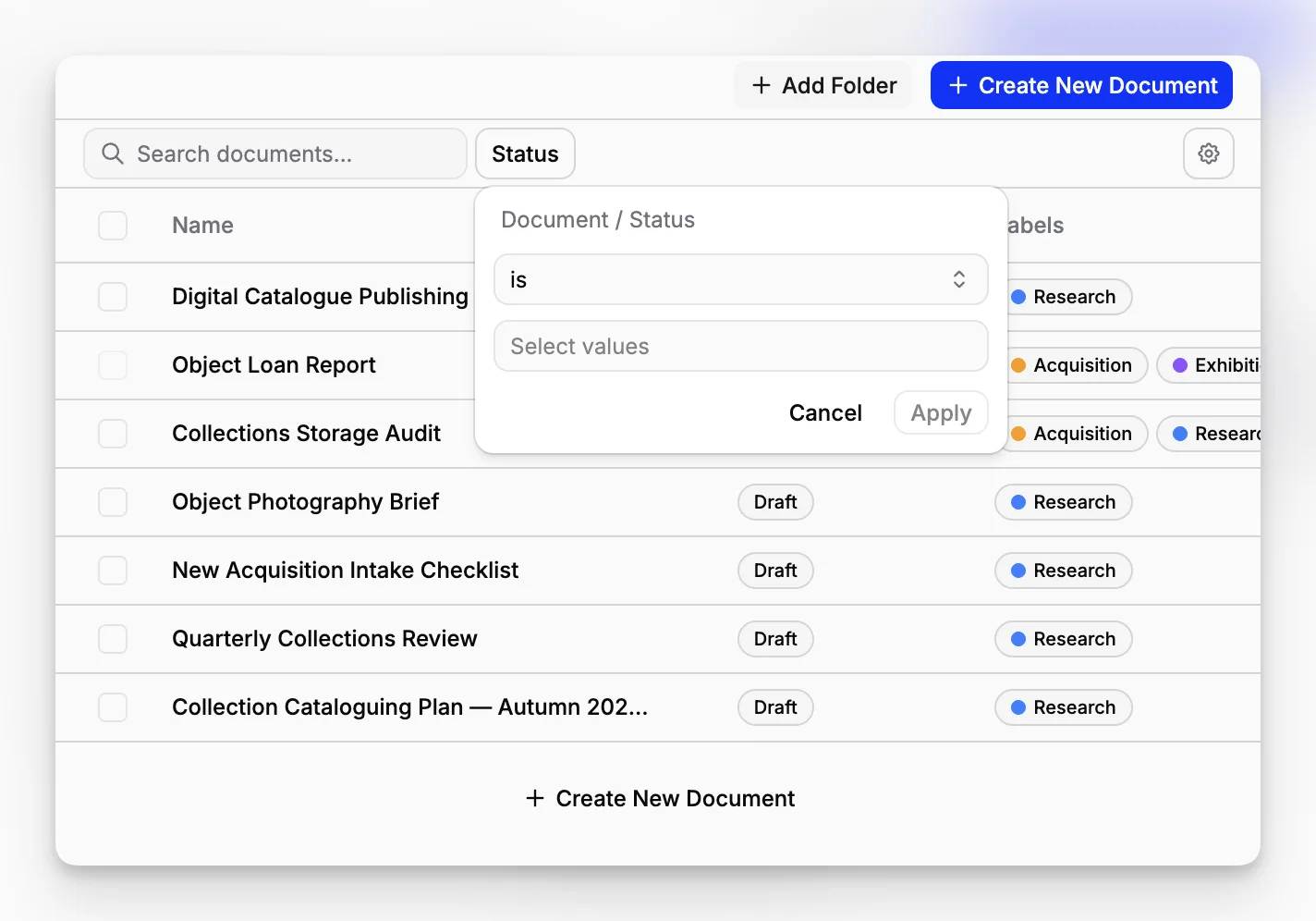 Search and filter view for archival records and supporting documentation inside an archives management software workflow