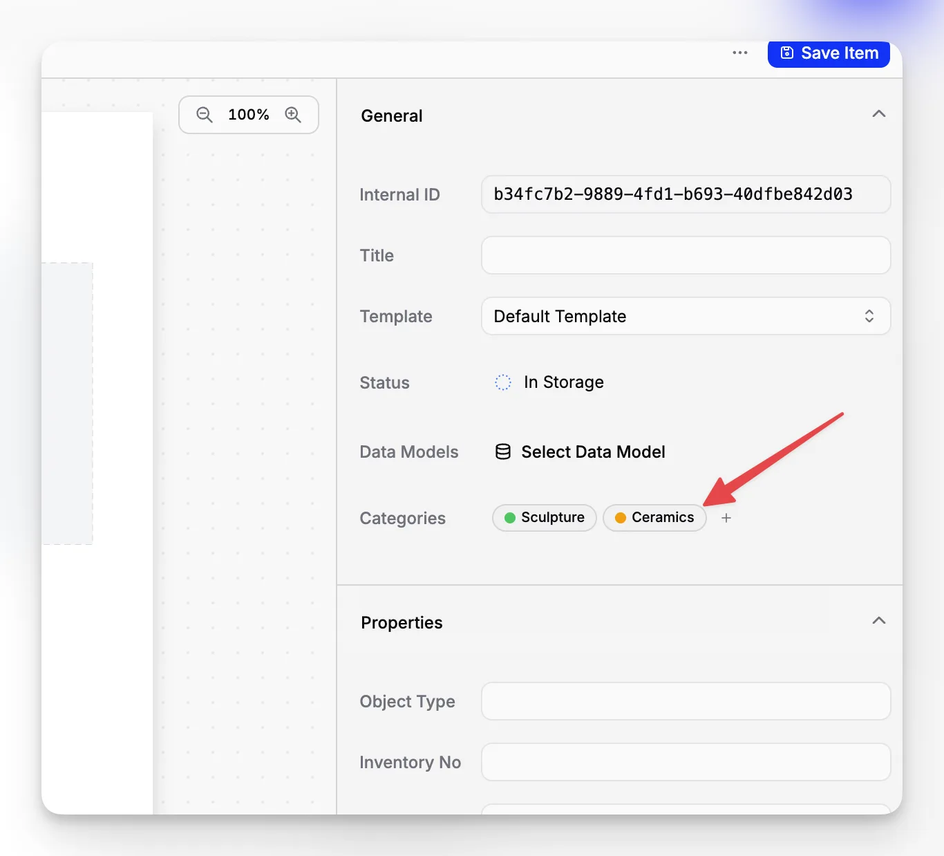 Blueputto item sidebar showing searchable category assignment for one record.
