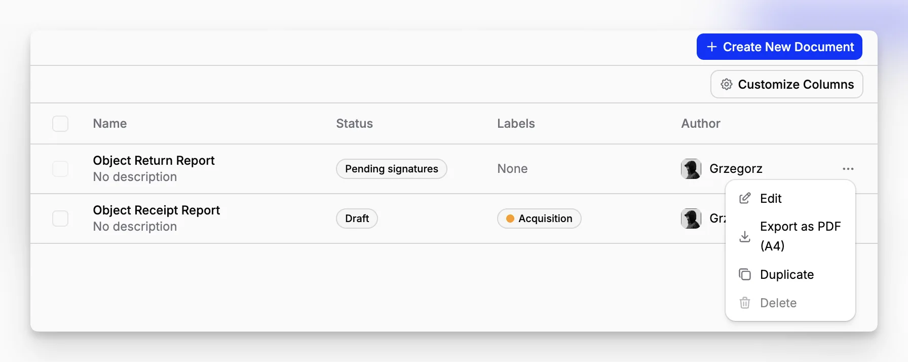 Blueputto Documents workspace showing the create dialog and document table actions.