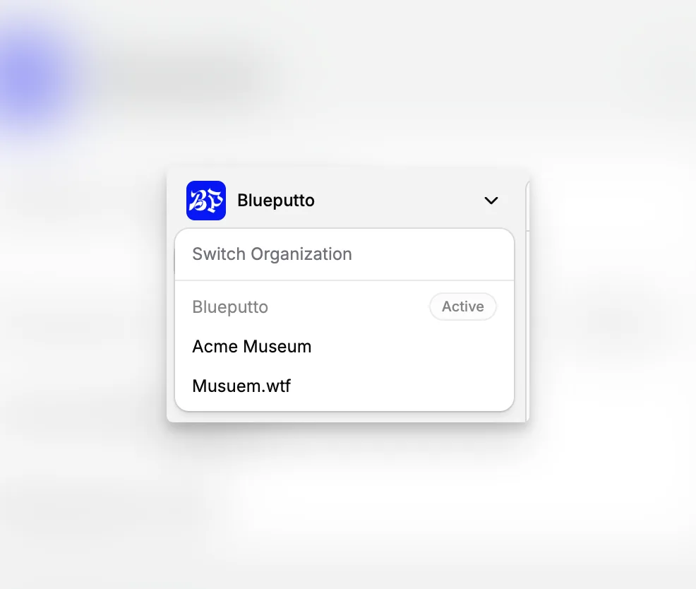 Sélecteur d’organisation Blueputto avec plusieurs espaces de travail.