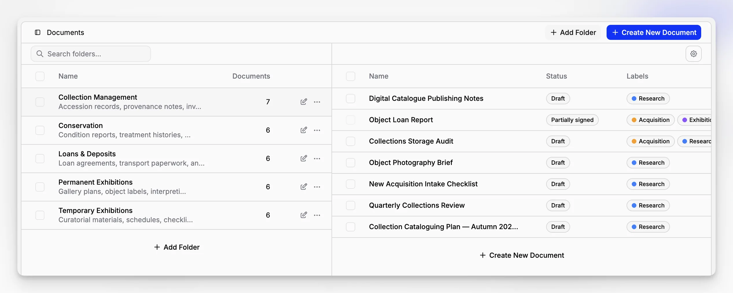 Archives management software screen listing linked documents and record files