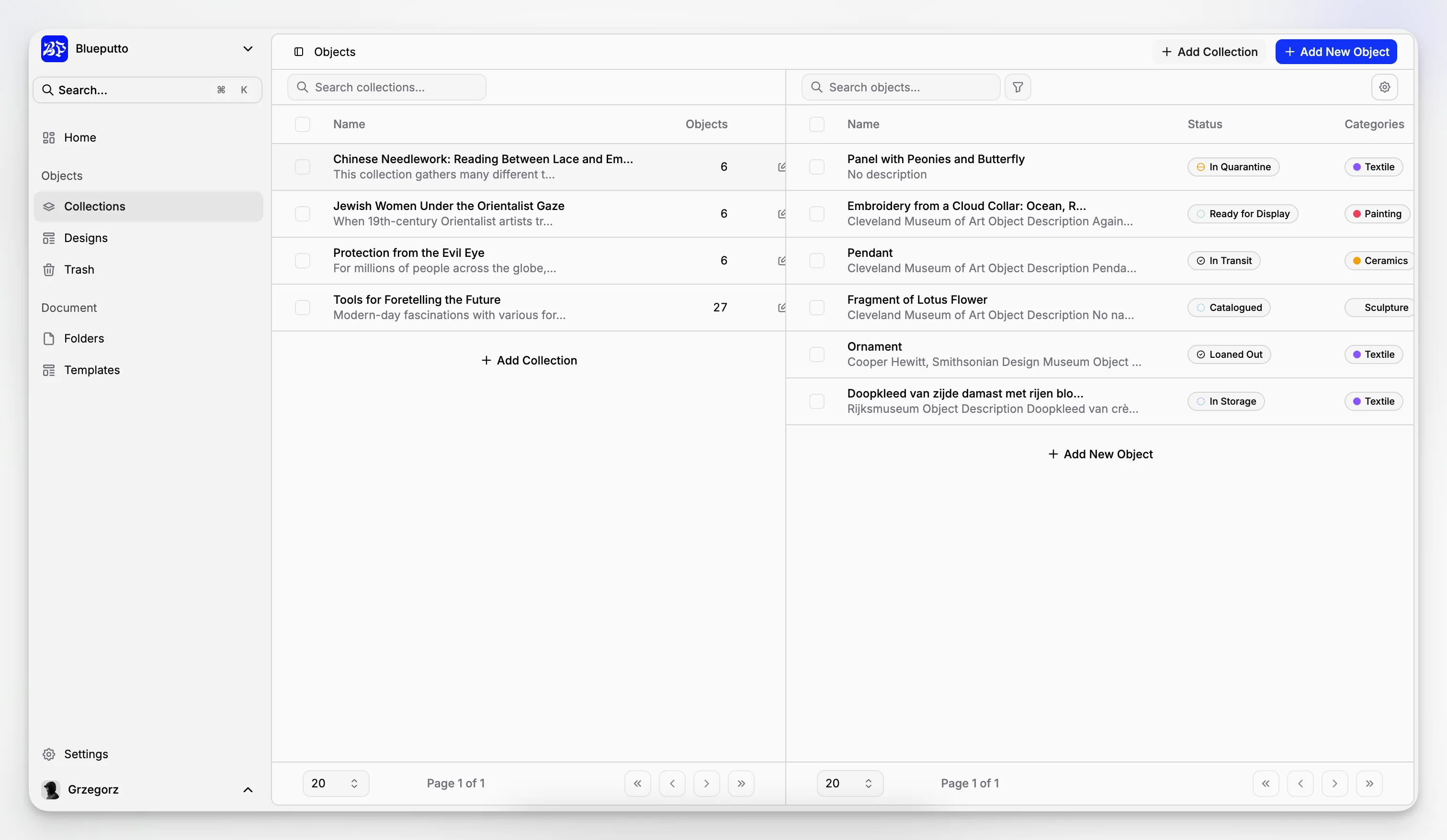 Blueputto application overview showing organized museum collection records and documentation