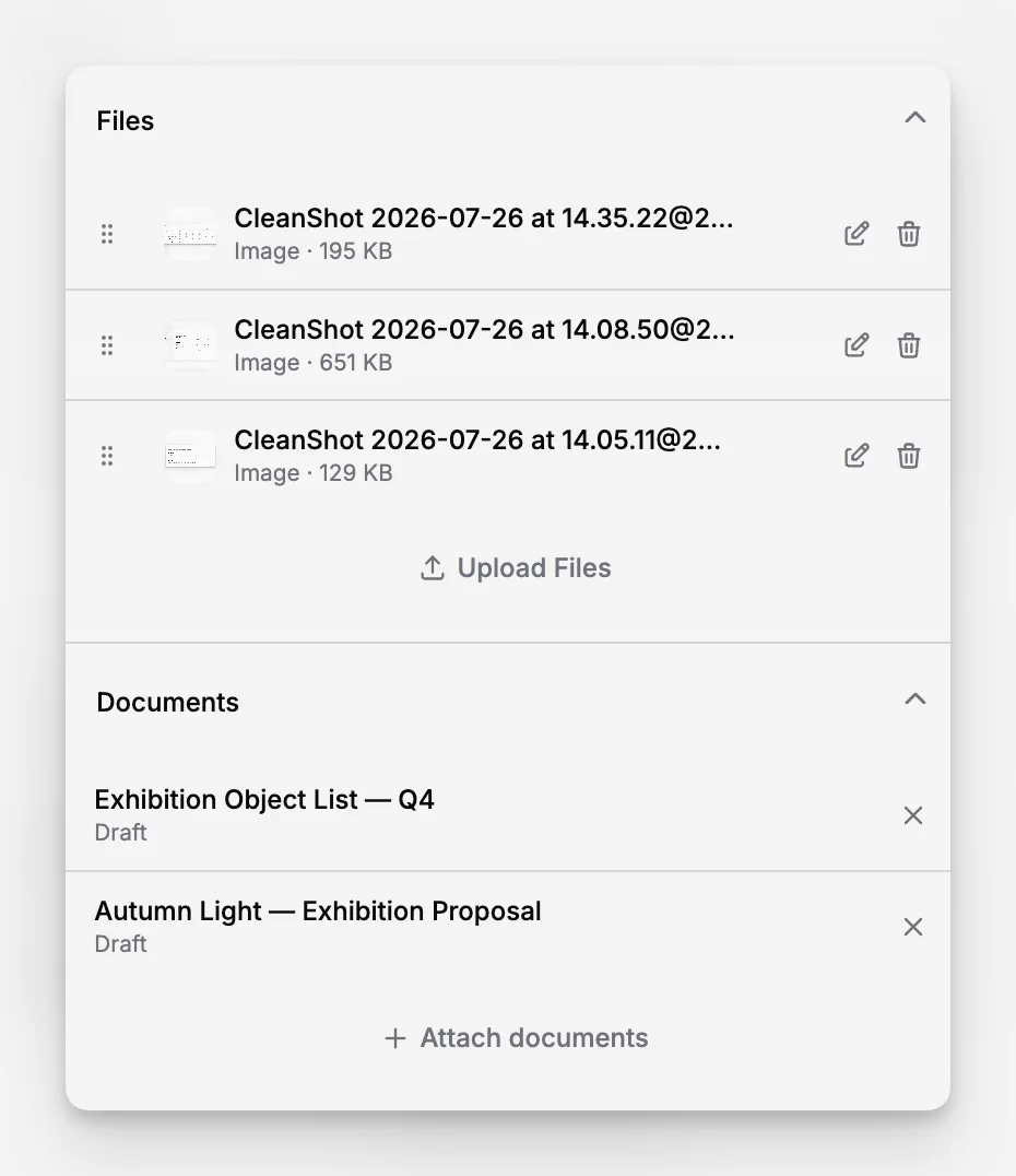 Blueputto application screen for attaching documents and media to collection or archive records