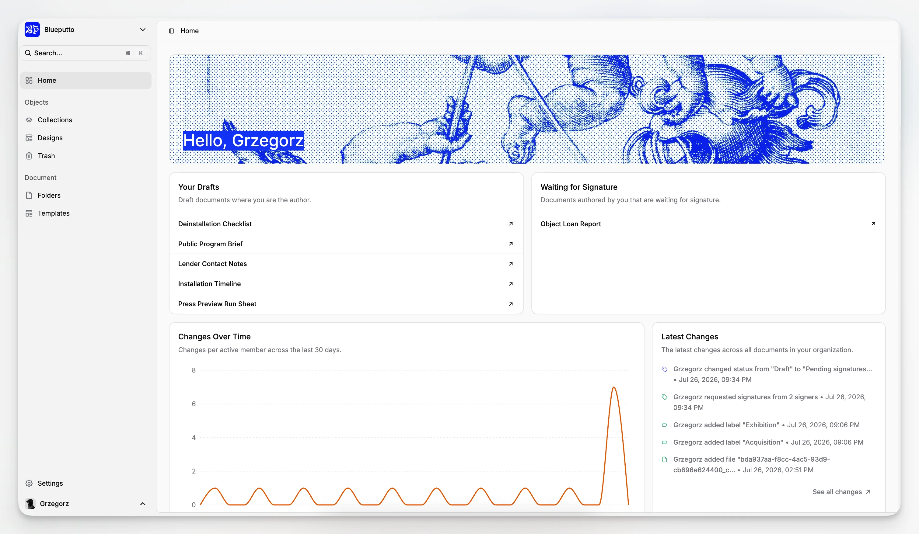 Blueputto-applicatiedashboard met een overzicht van museumregistraties en workflows