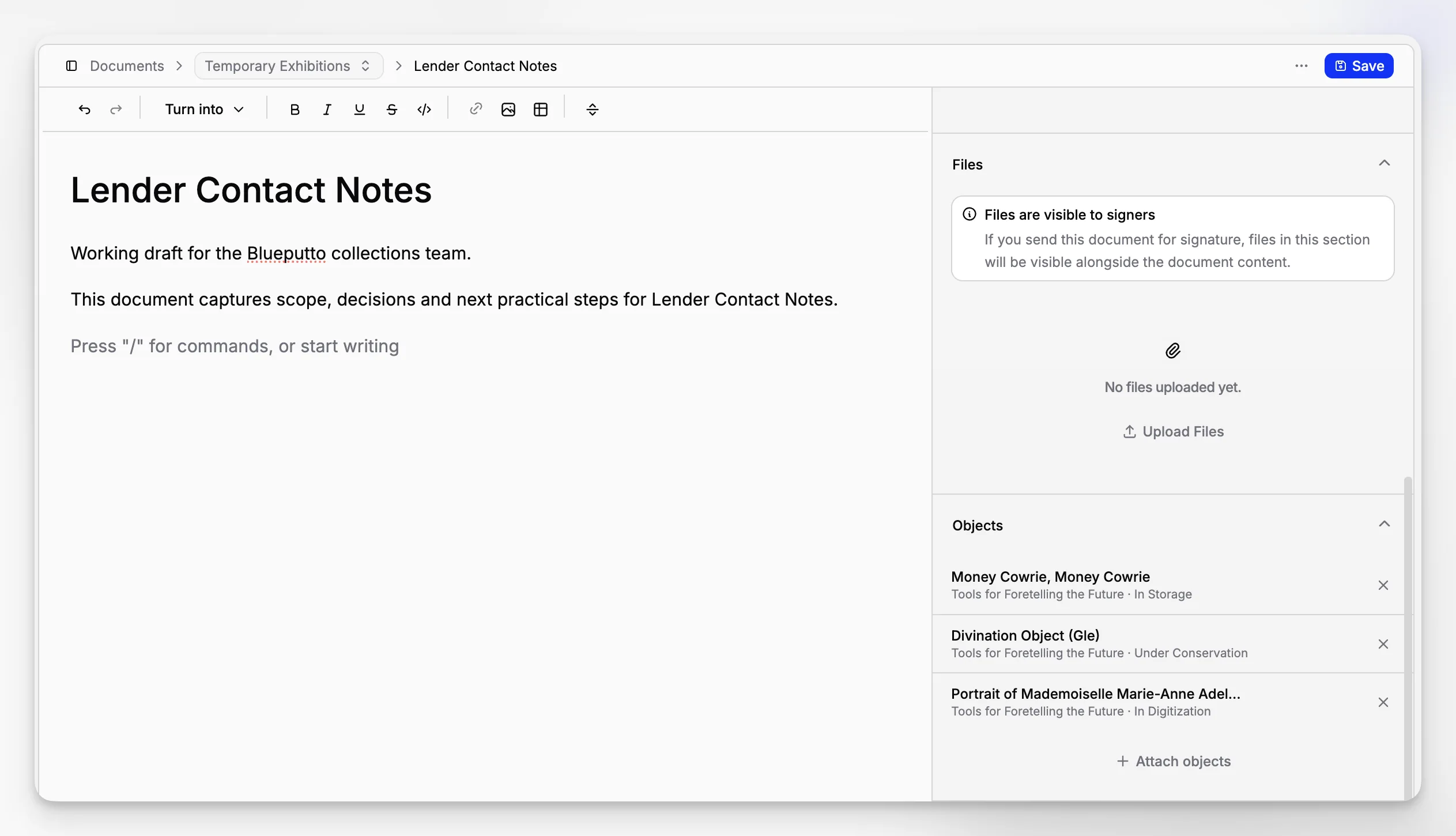 Documentation attached to an accession workflow with record details and related files