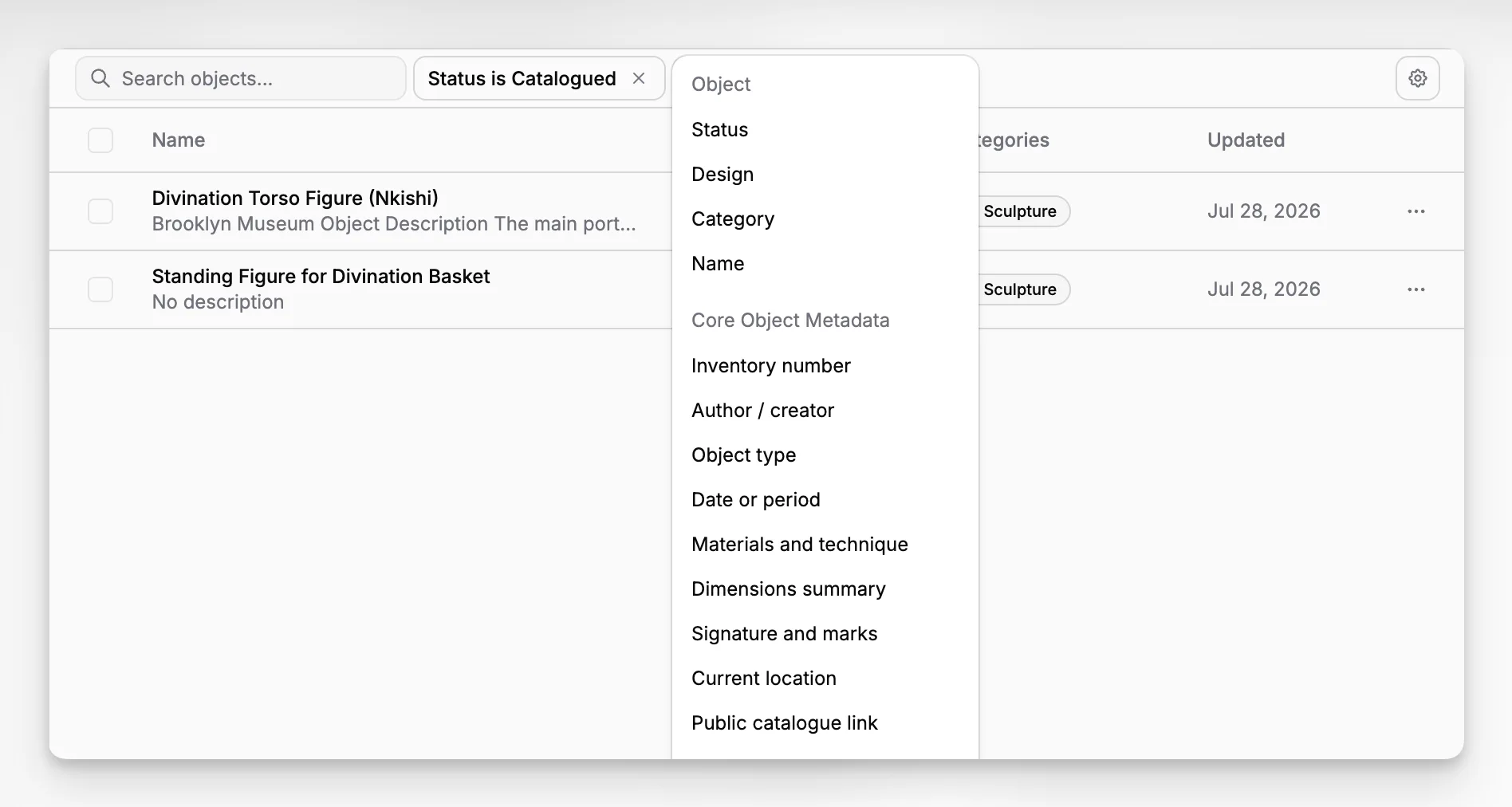 Searchable collection records list with filters, statuses, and sortable metadata columns