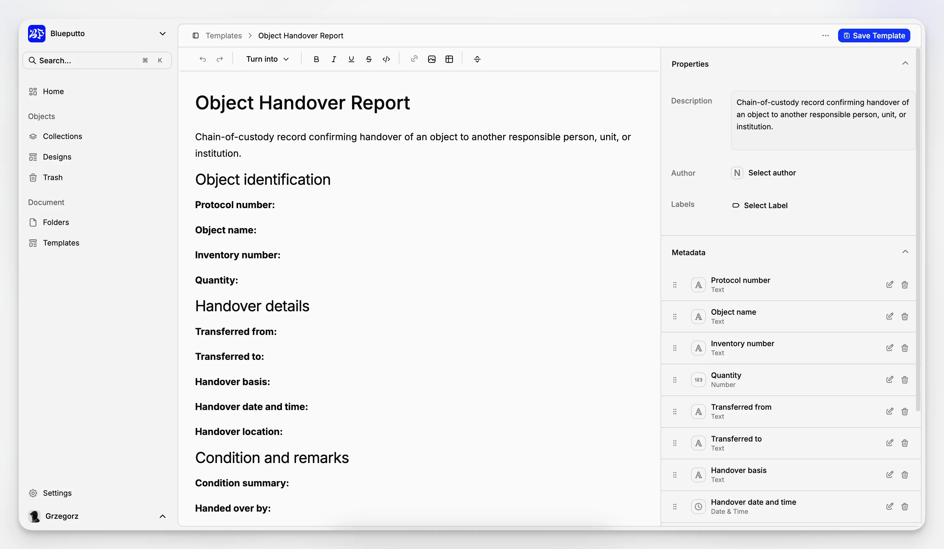 Document template editor for recurring collections documentation workflows