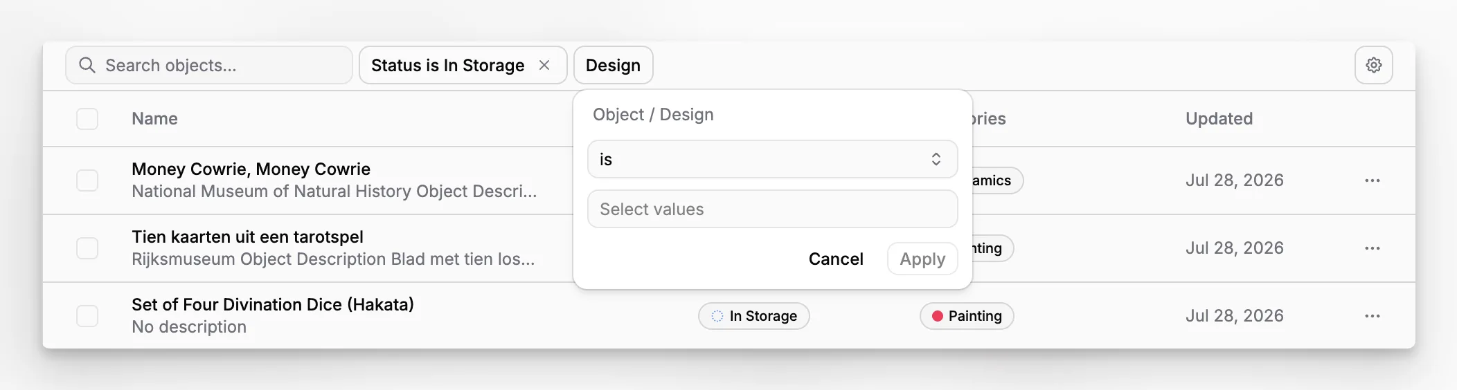 Blueputto application screen with collection search, filters, and sortable museum record results