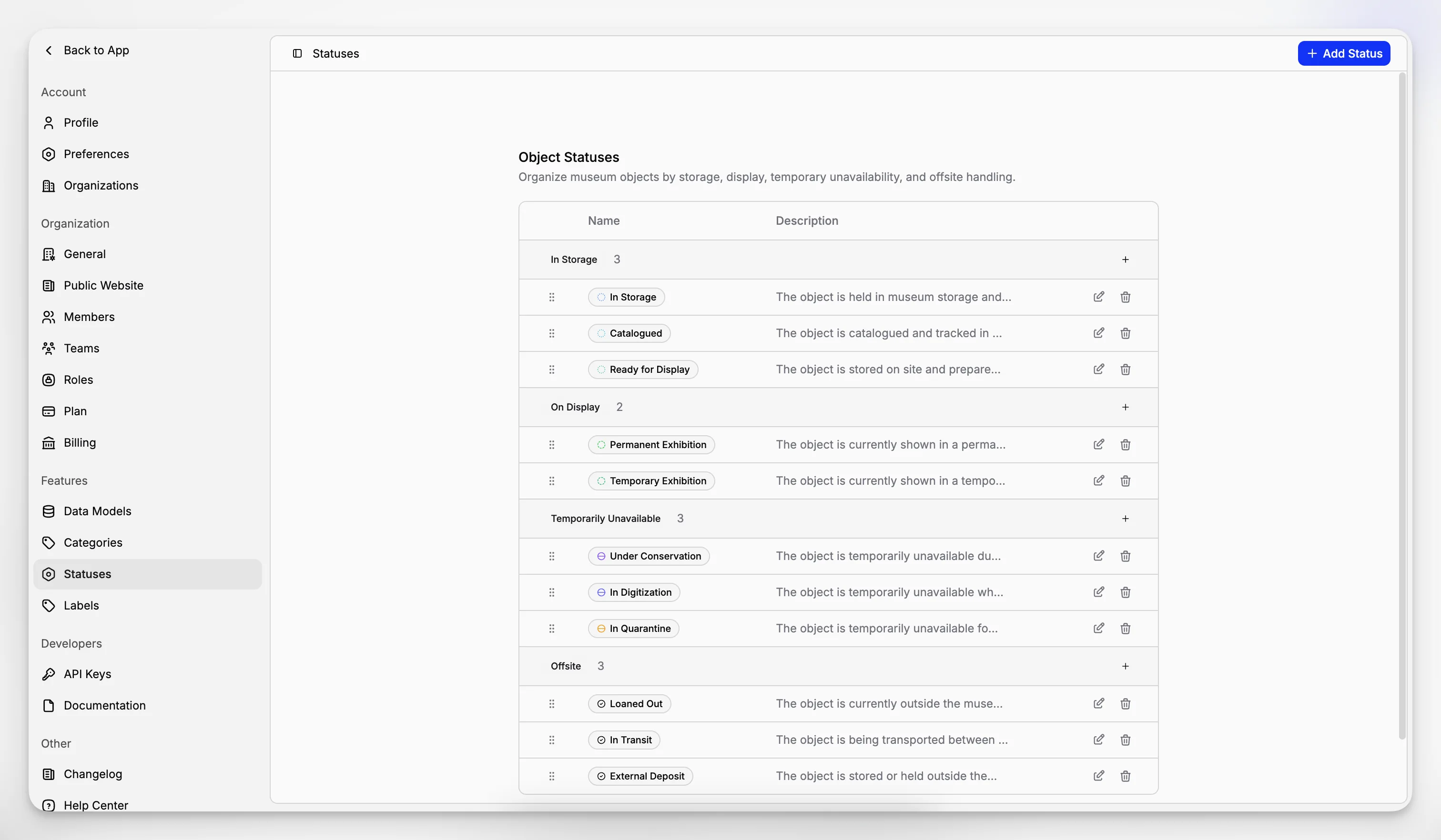 Blueputto status settings grouped by storage, display, unavailable, and offsite situations.
