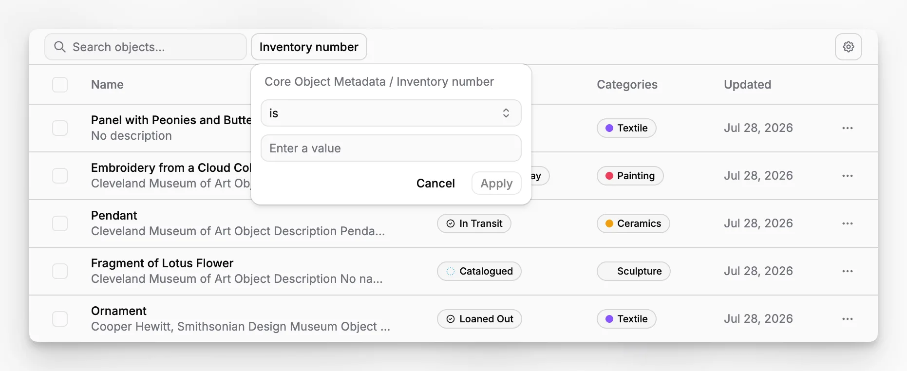 Blueputto-applicatiezoek- en filterinterface voor museumregistraties