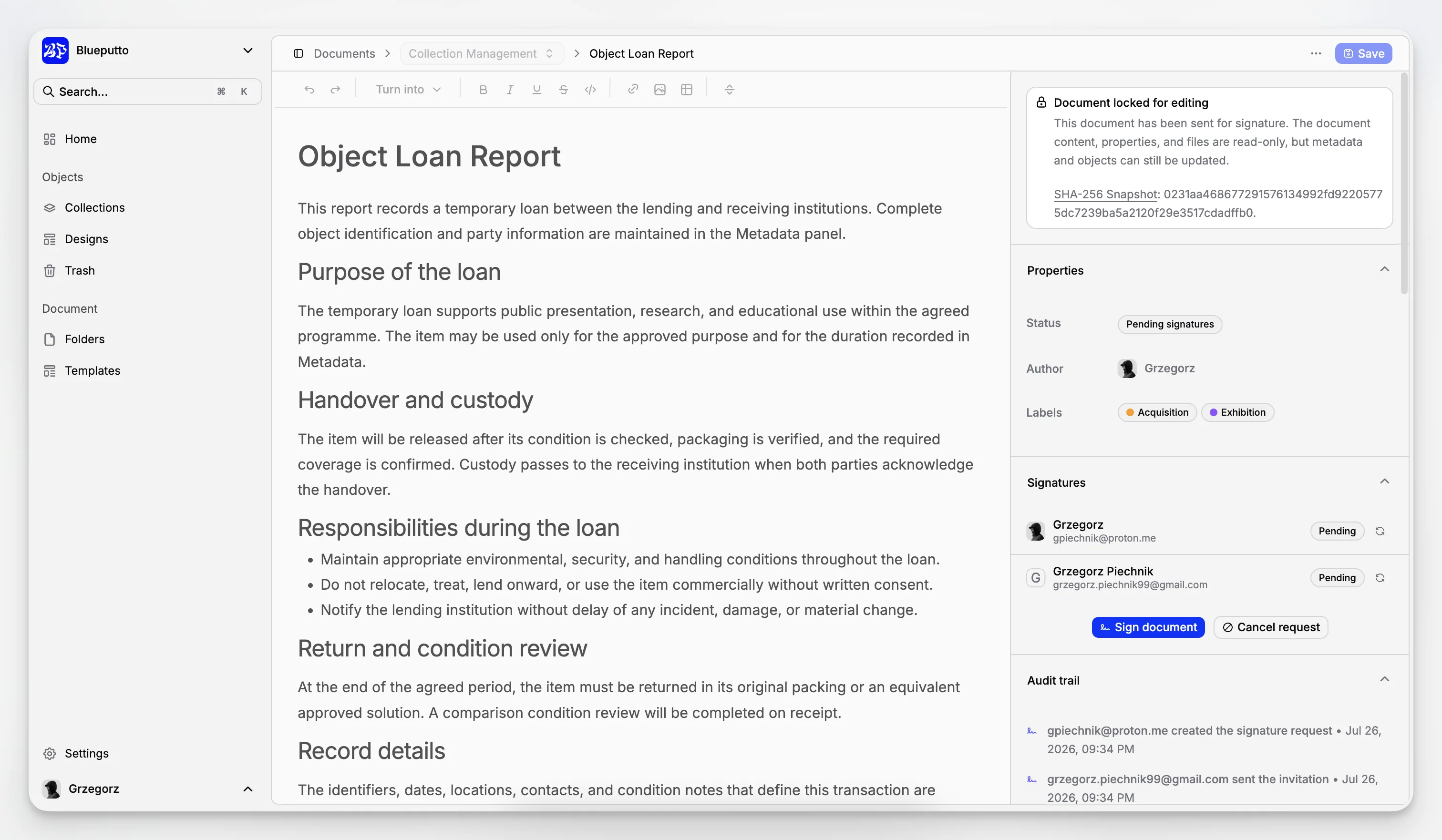 Blueputto document for an artwork handover, ready for electronic signatures.