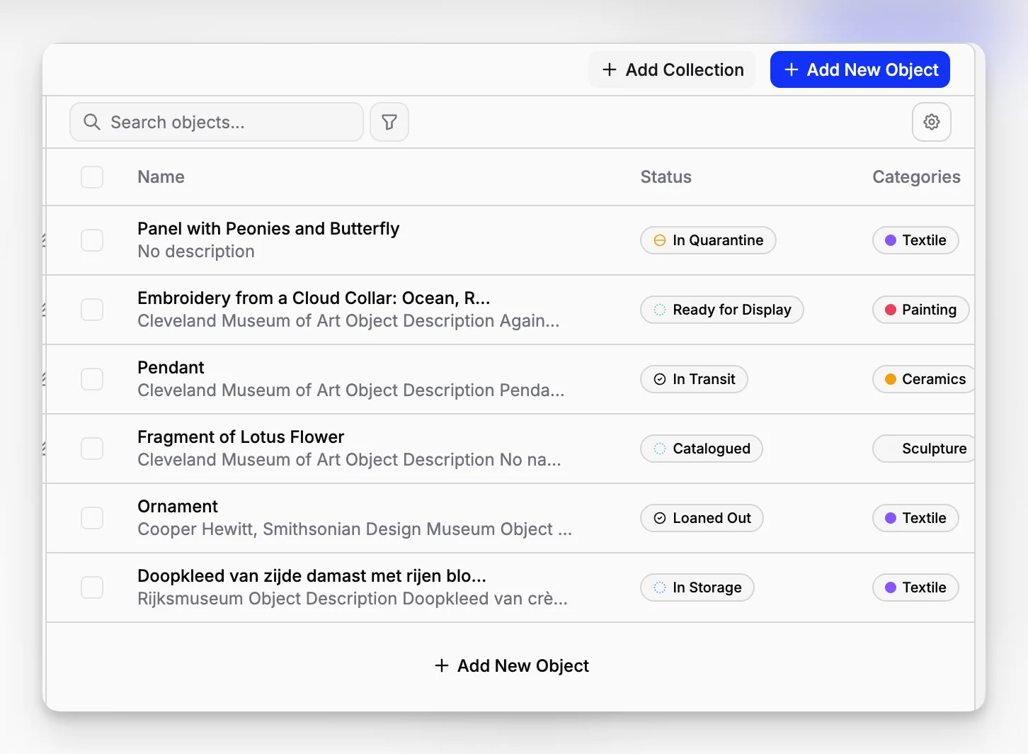 Collection cataloging system form used to create a new object or item record
