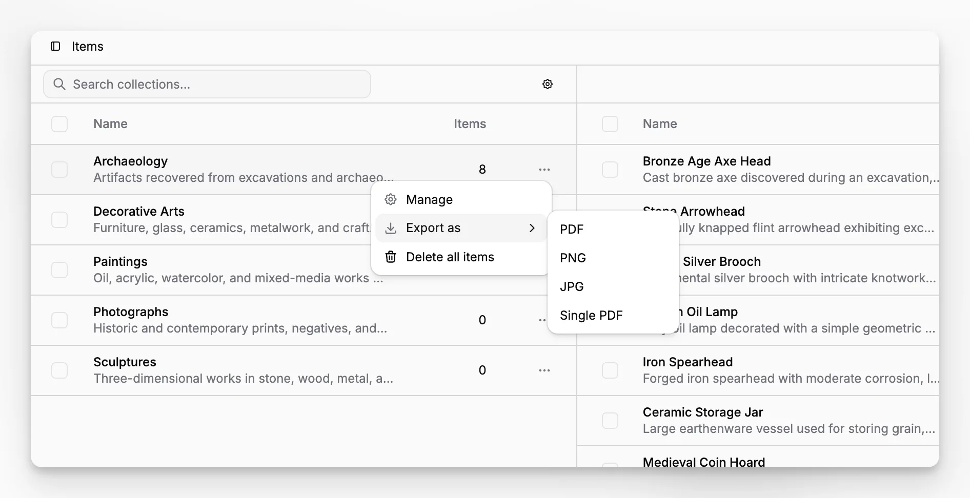 Blueputto collection export menu showing batch output formats for all items in a collection.