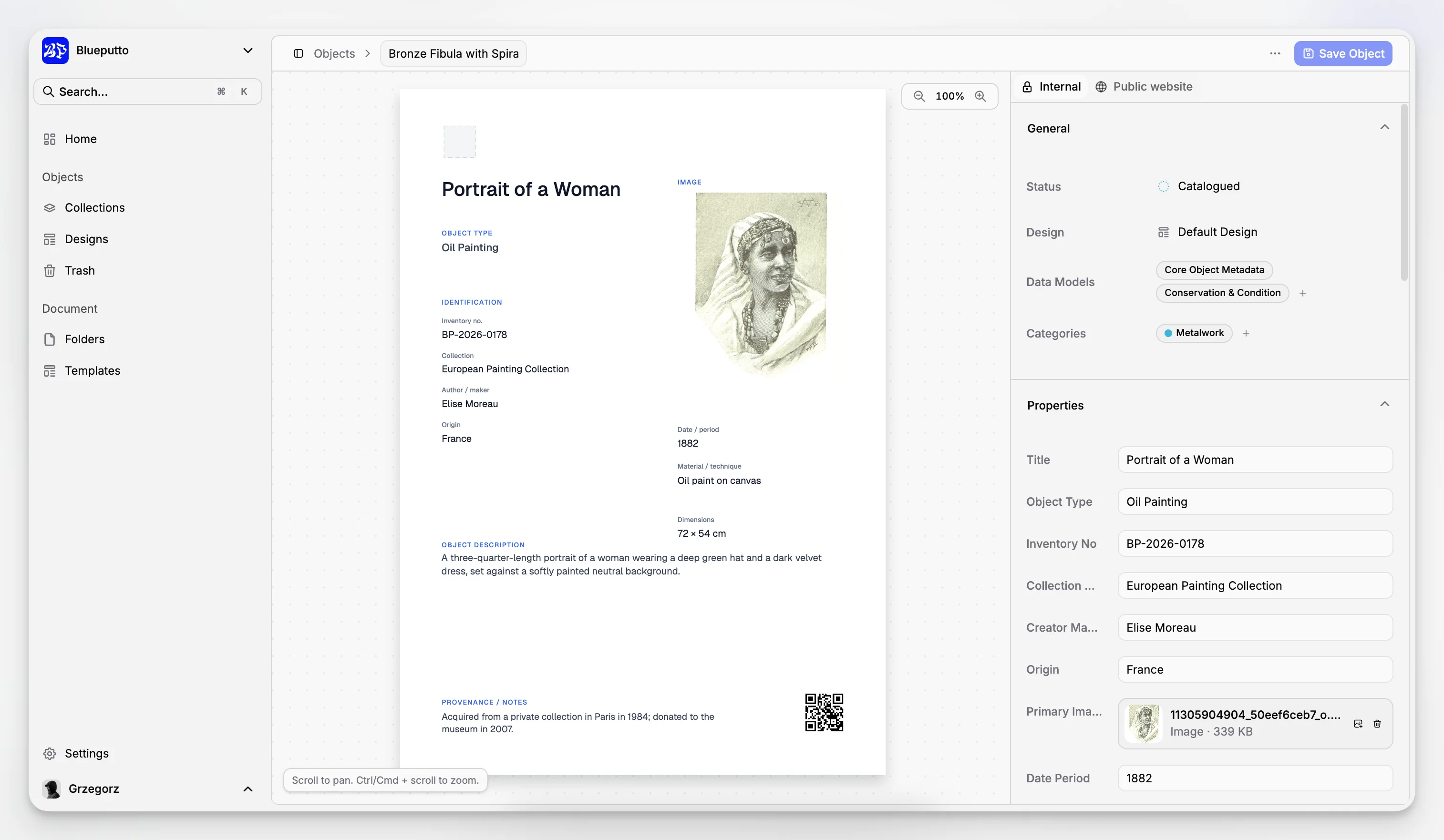 Un registro interno de objeto de Blueputto con vista previa, categorías, datos, archivos y documentos.