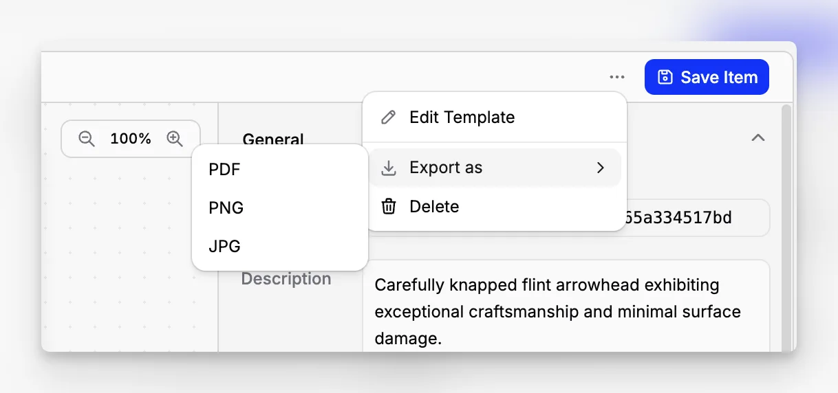 Blueputto item export menu showing multiple output formats from the current item template.