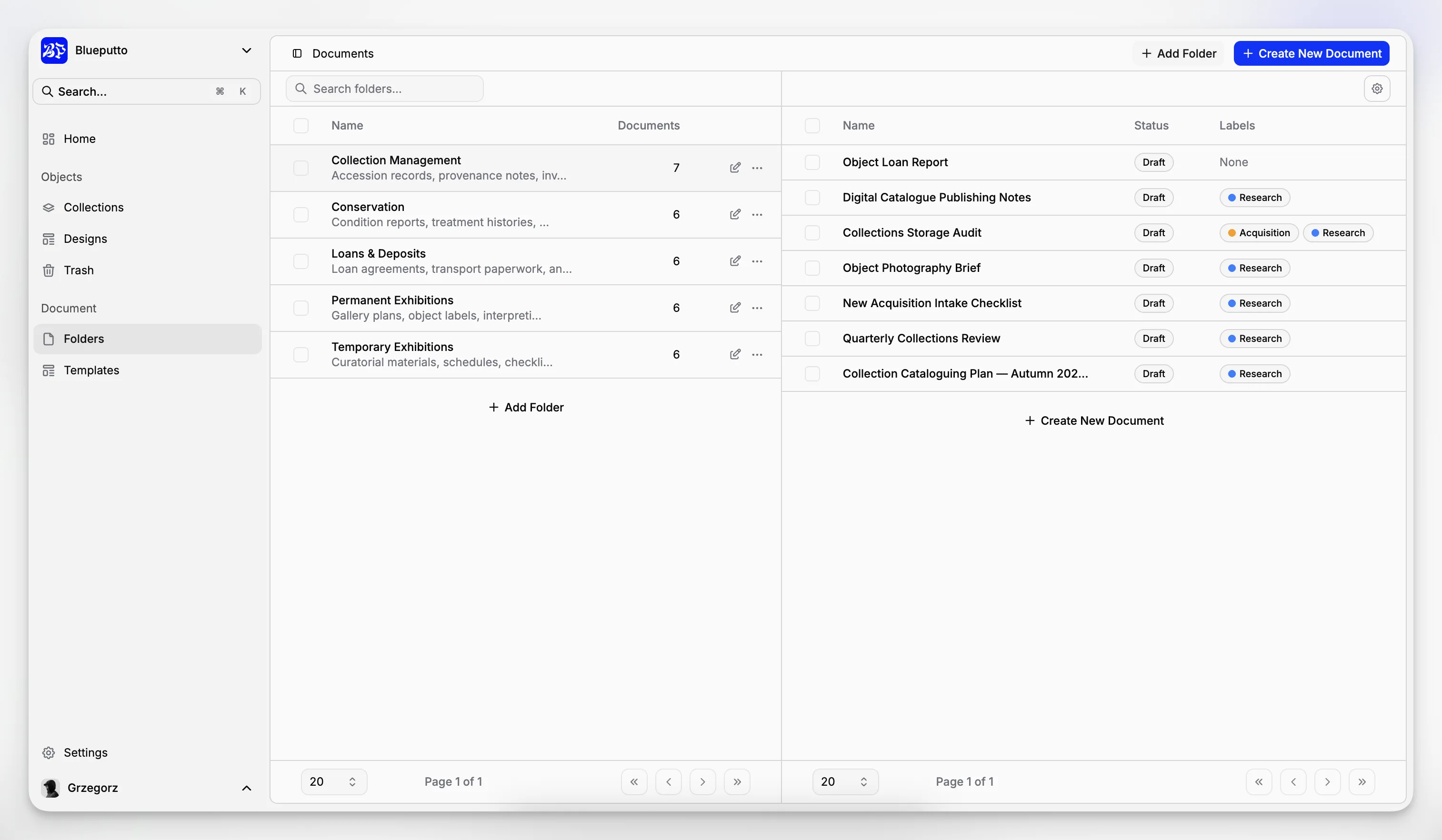 Blueputto folder navigation beside a list of documents.