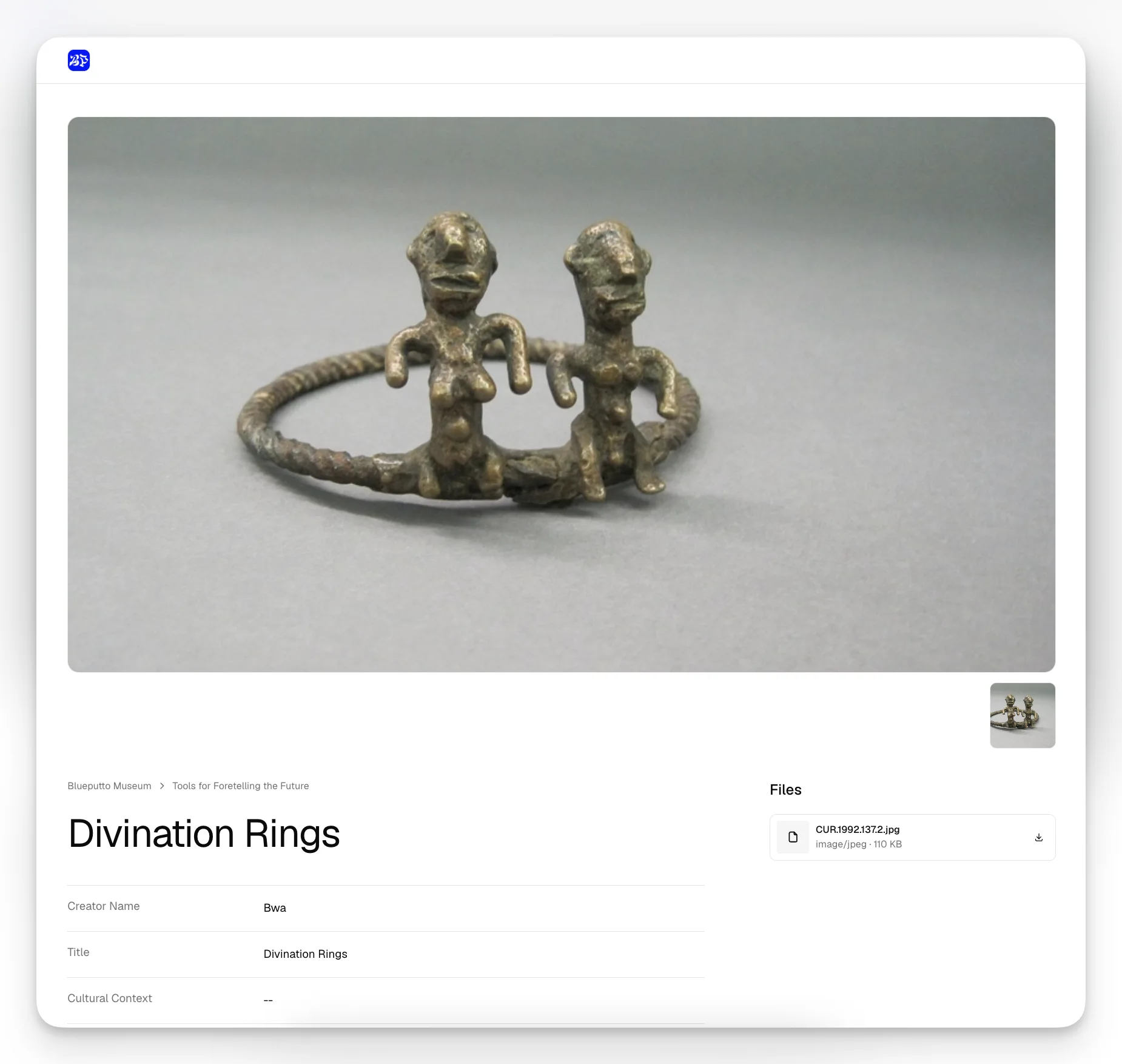 Public Blueputto collection page with searchable object cards.