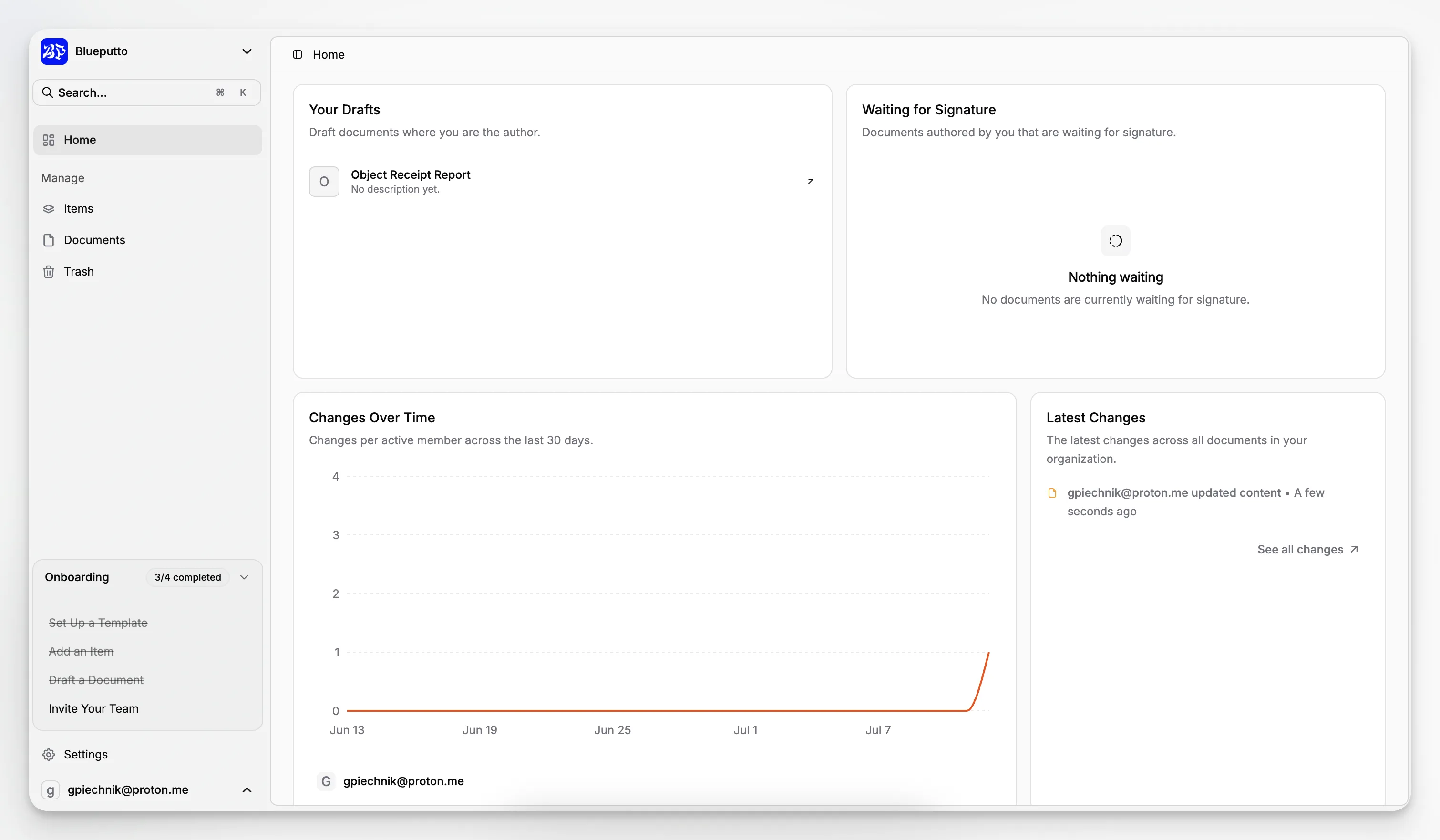 Blueputto Home-dashboard met de activiteitsgrafiek en de meest recente documentwijzigingen.