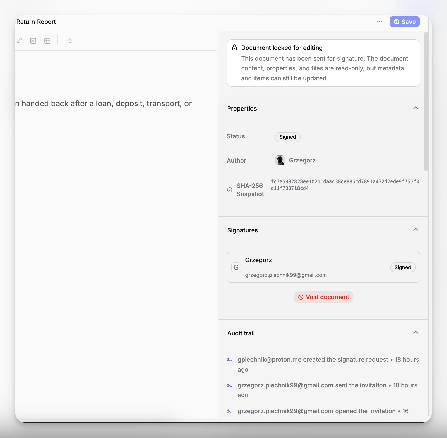 Traccia di controllo della firma del documento Blueputto che mostra eventi preservati e prove crittografiche.