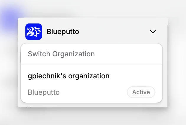 Blueputto sidebar organization switcher showing the active workspace and other available organizations.
