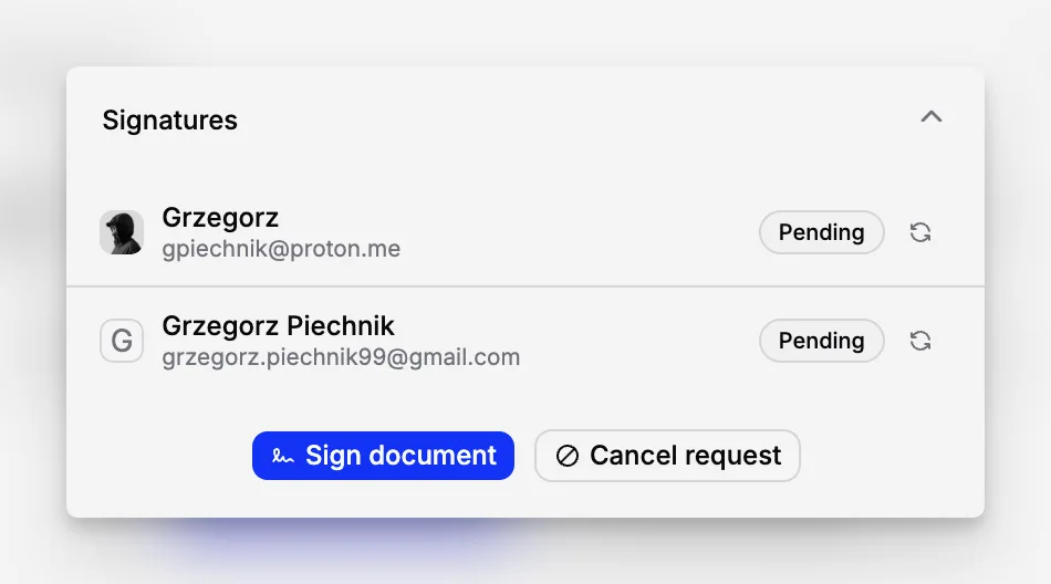 Panel de firma de Blueputto que muestra el progreso de cada firmante invitado.