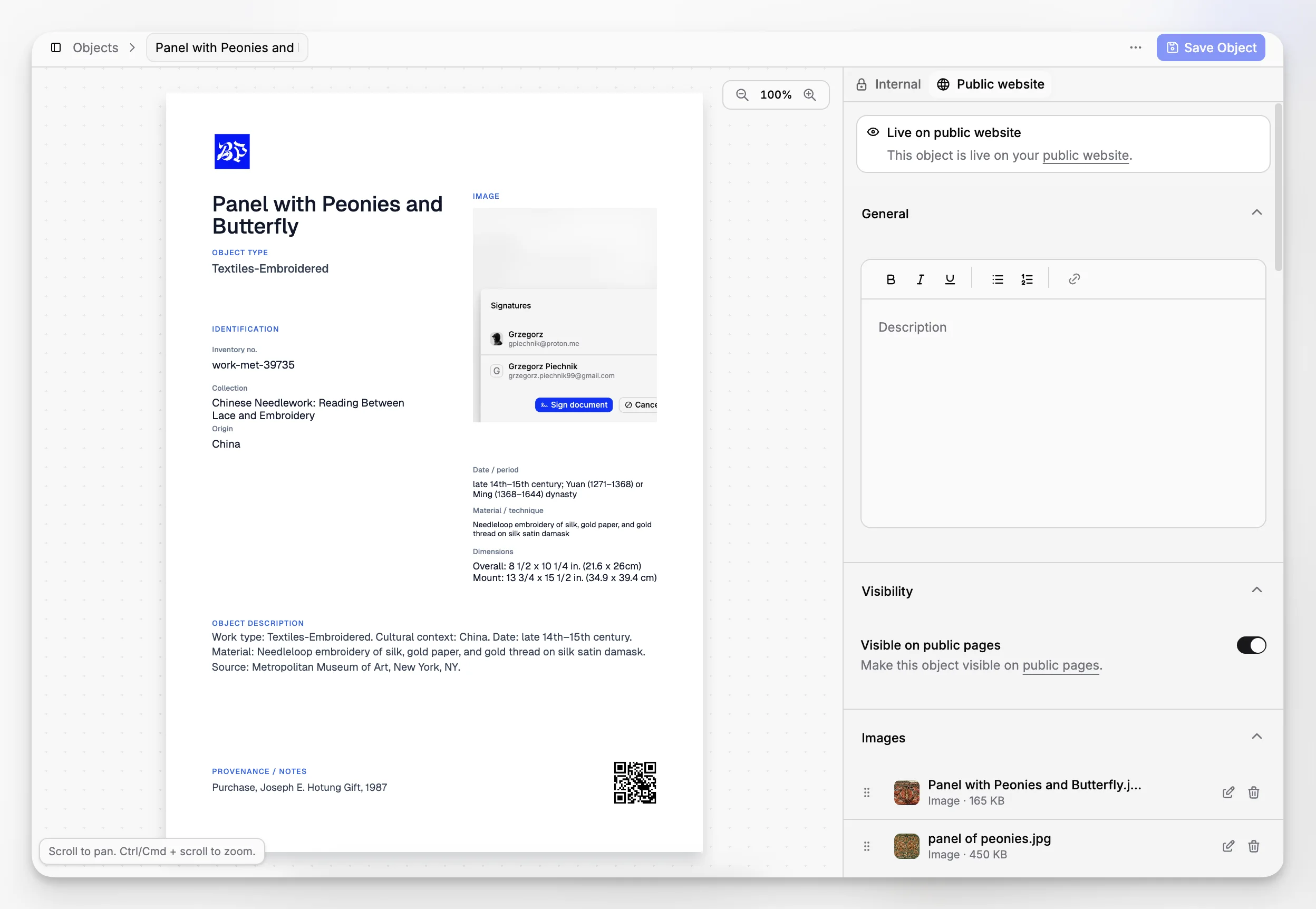 Visibility controls showing which metadata fields appear on public pages and which remain internal